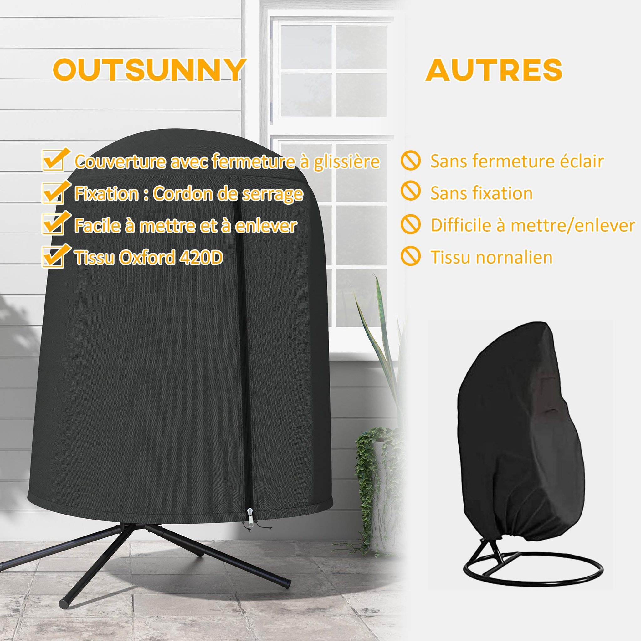 Voir la diapositive 5 : OUTSUNNY Housse de protection fauteuil suspendu de jardin - imperméable, zip - ø 128 x 190h cm - noir