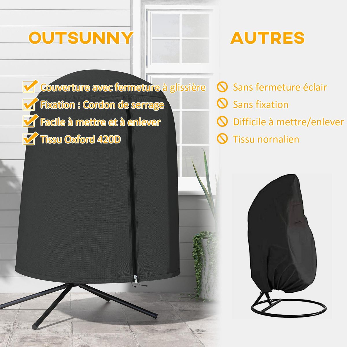 OUTSUNNY Housse de protection fauteuil suspendu de jardin - imperméable, zip - Ø 128 x 190H cm - noir
