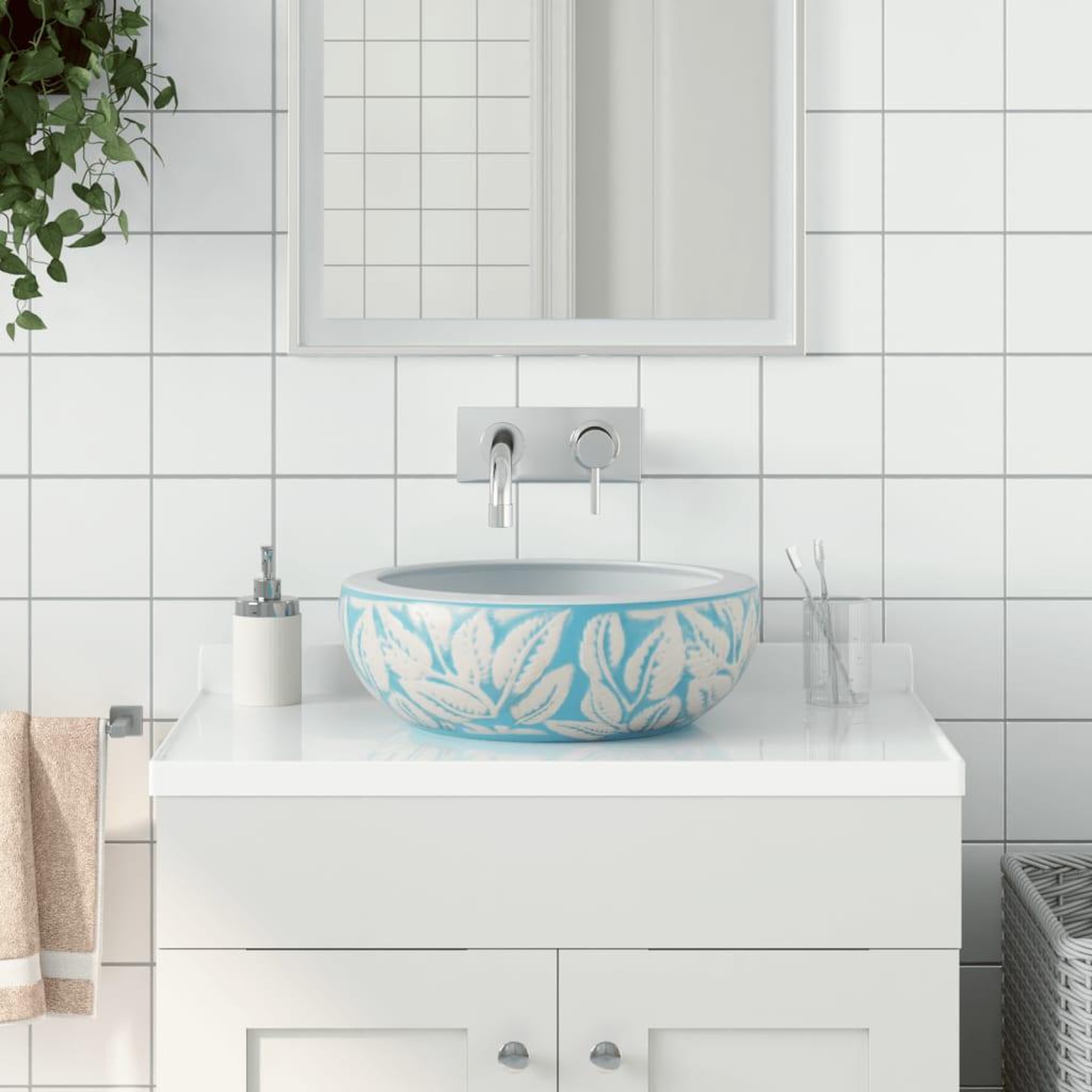 VIDAXL Vasque a poser blanc et bleu rond Φ41x14 cm ceramique