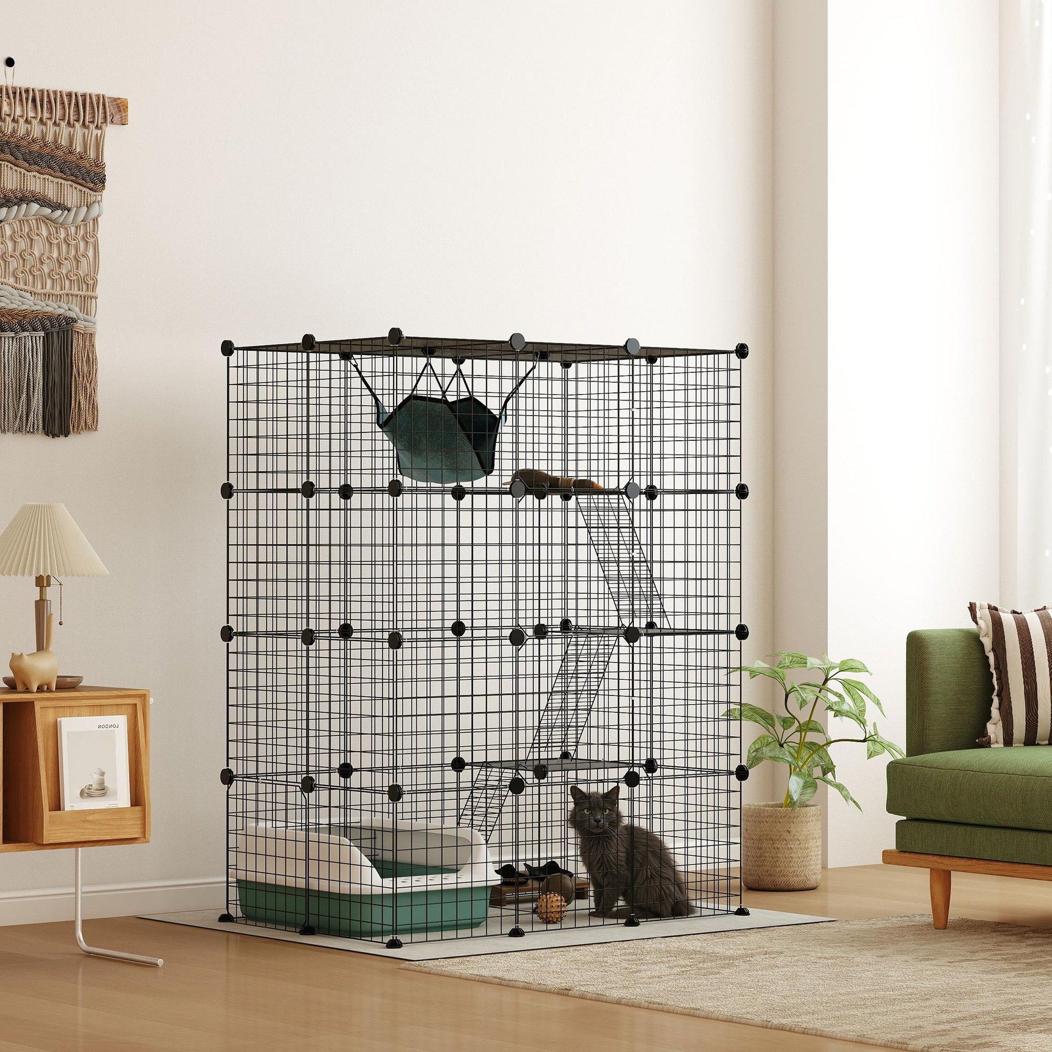 Voir la diapositive 2 : PAWHUT Cage chat intérieur - parc chat diy - 4 niv. 5 portes hamac plateformes rampes - acier noir
