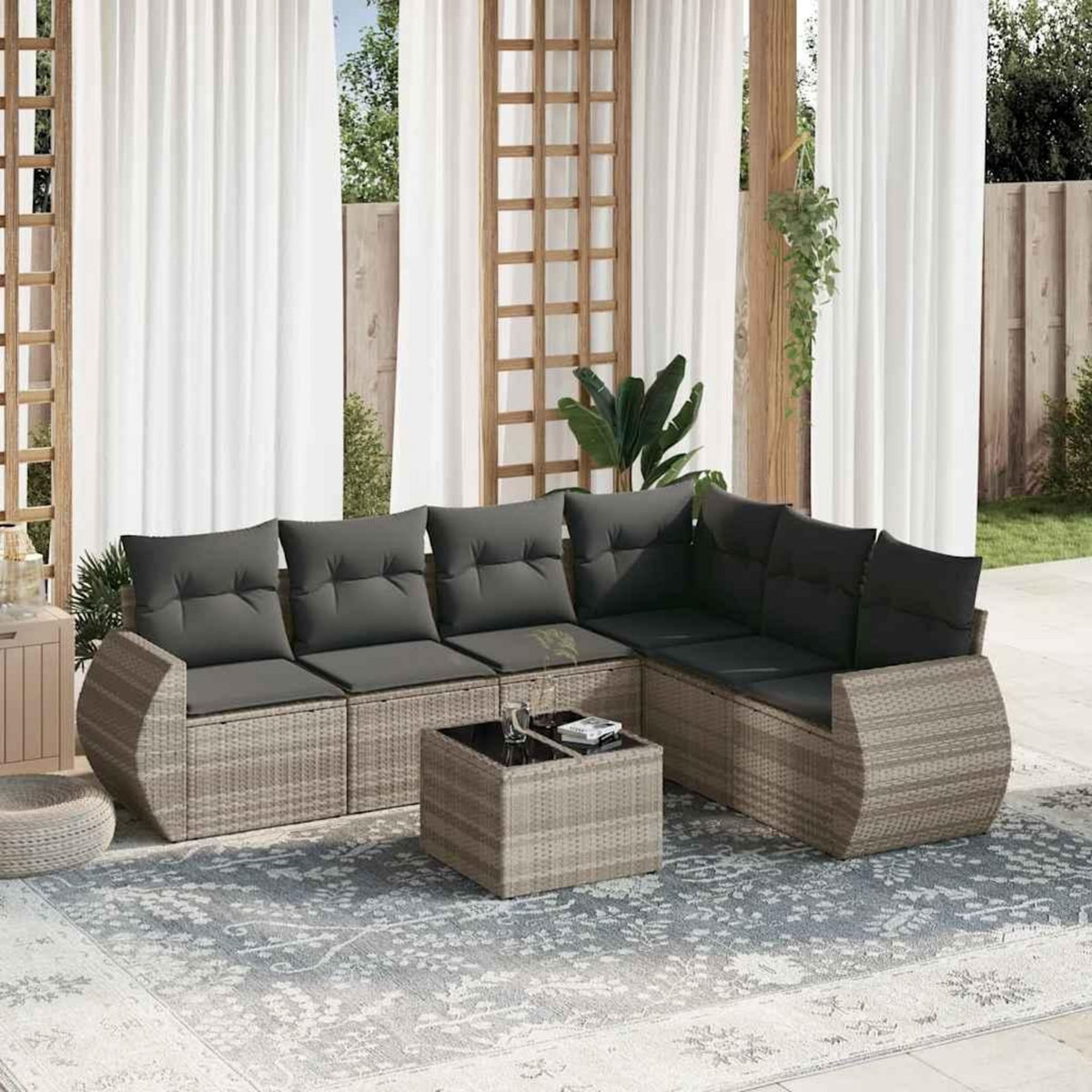 VIDAXL Salon de jardin avec coussins 7 pcs gris clair resine tressee