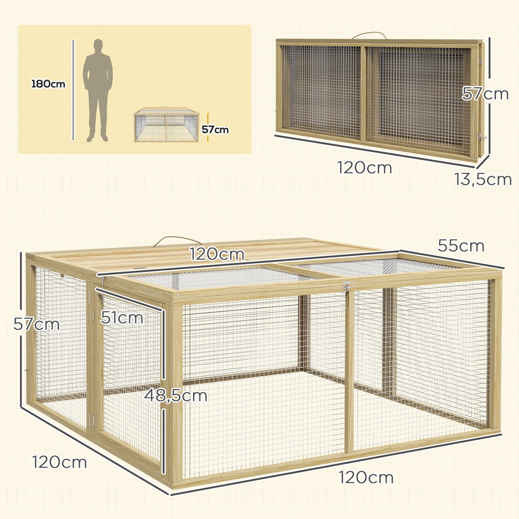 Voir la diapositive 3 : PAWHUT Clapier pliable avec poignée - cage à lapin - toit ouvrant, porte - 120 x 120 x 57 cm - acier bois autoclave