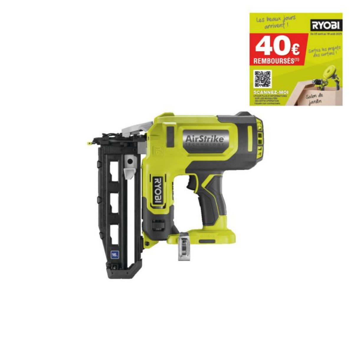 Ryobi Cloueur de finition à air comprimé RYOBI 18 V One+ - 16 G - sans batterie ni chargeur - R16GN18-0