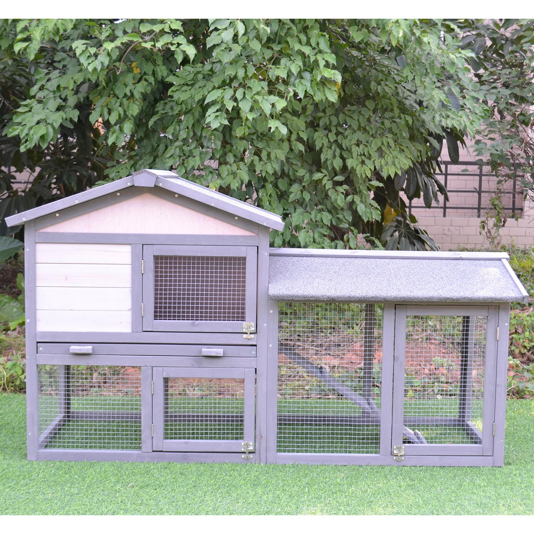 Voir la diapositive 4 : PAWHUT Clapier cage à lapins rongeurs 2 niveaux 3 portes verrouillables tiroir à déjection toit intégral bitumé 147l x 54l x 84h cm bois massif pin gris blanc