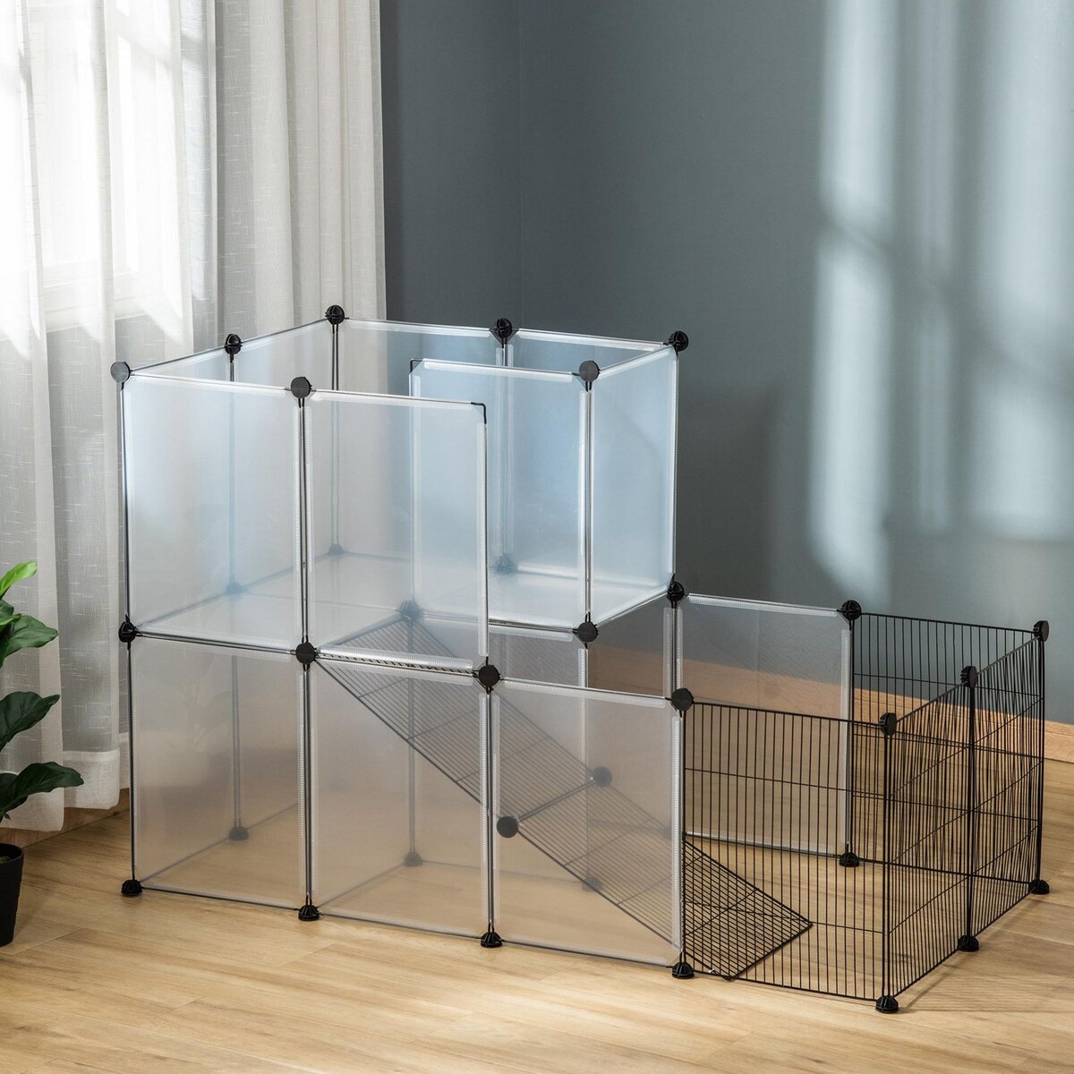 PAWHUT Cage parc enclos modulable rongeurs 2 niveaux 27 panneaux fil métallique noir PP transparent