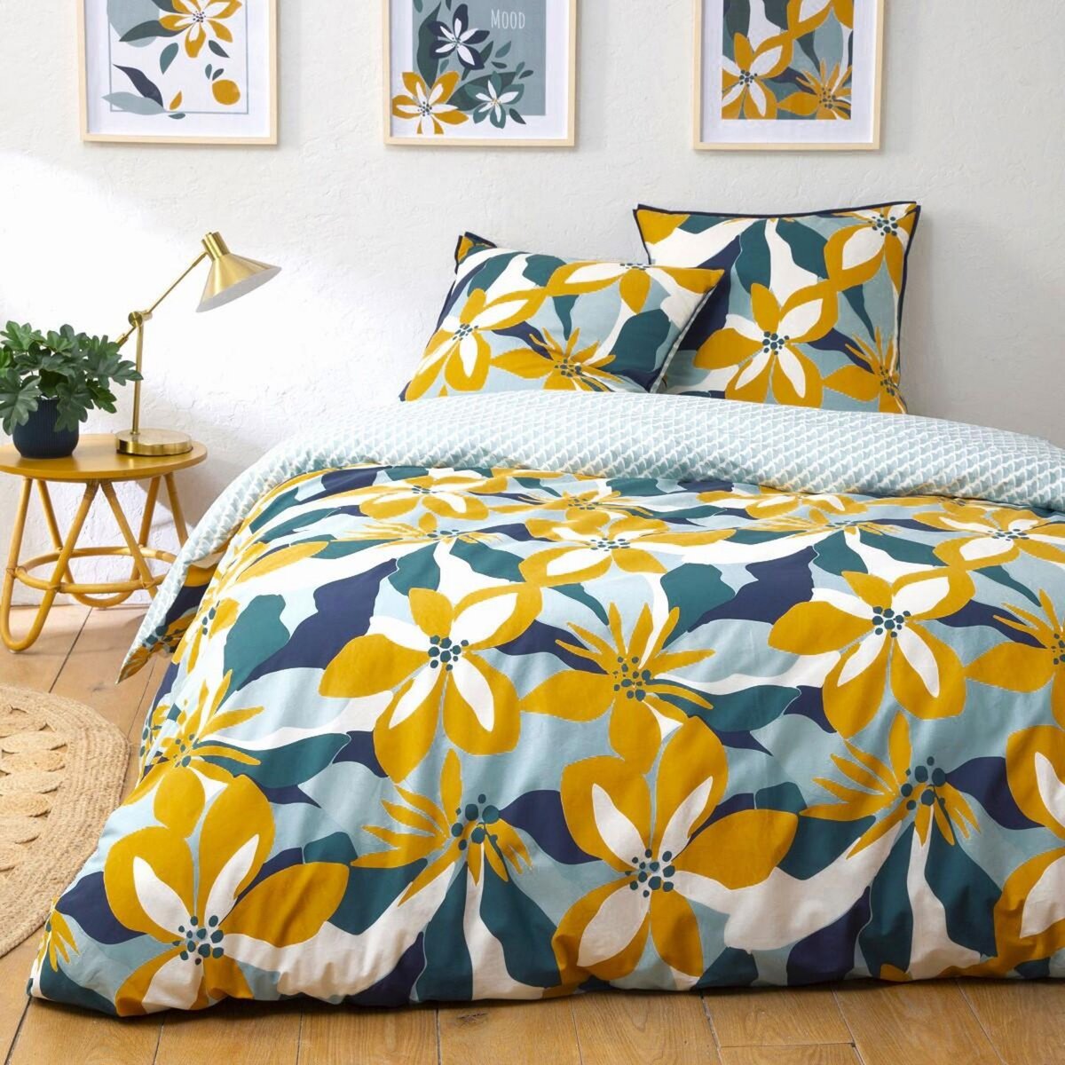 FUTURE HOME Parure de lit 2 personnes en percale 70 fils imprimé bleu