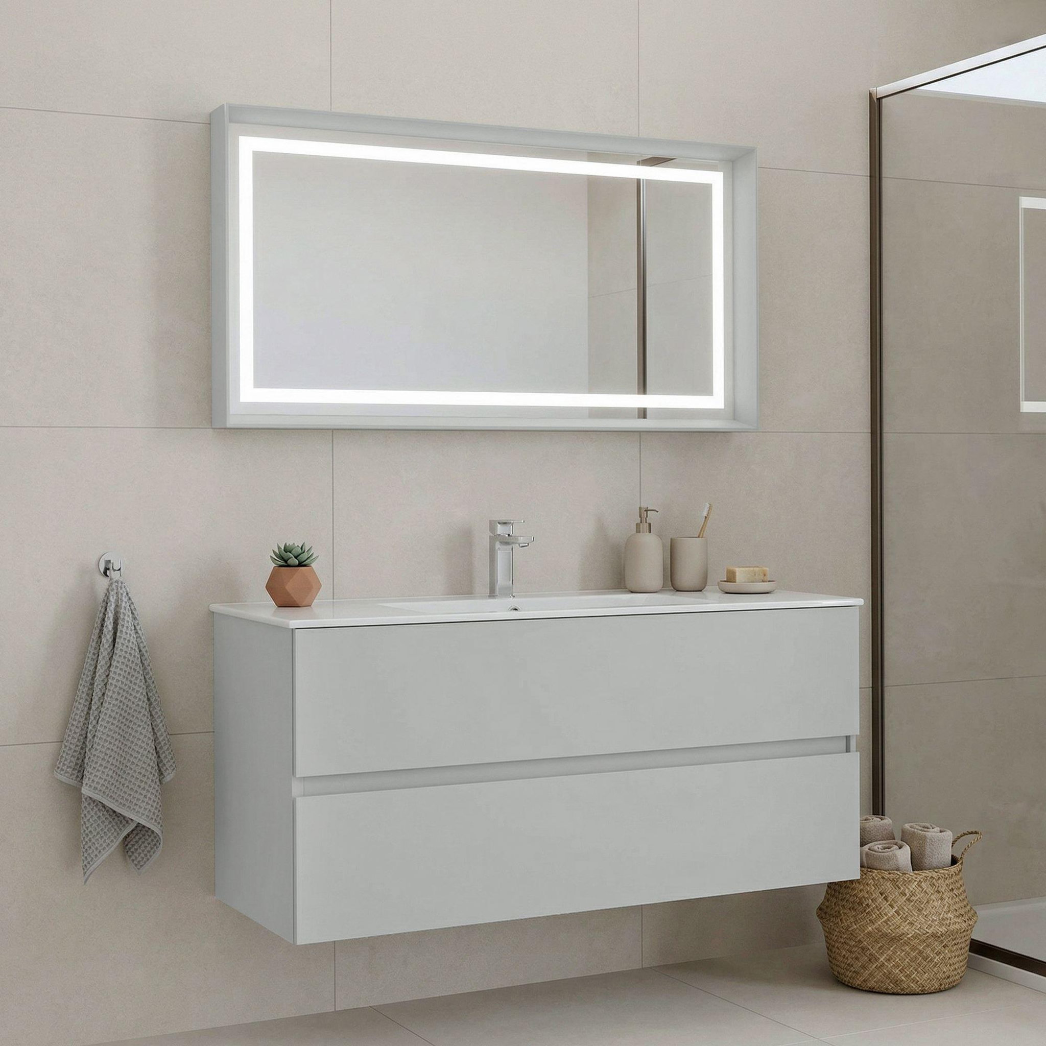 Voir la diapositive 2 : Habitat et Jardin Meuble avec simple vasque et miroir  Nest 121 v2  - 121 x 51 x 55 cm - Matte Cashmere