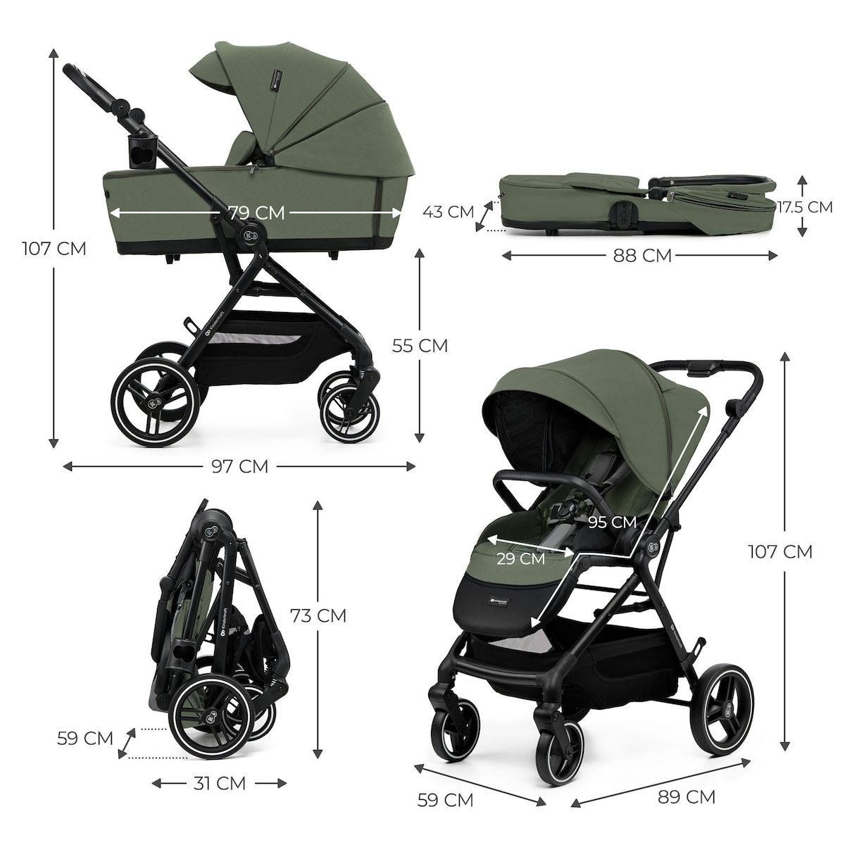 KINDERKRAFT Poussette 2 en 1 avec nacelle, roues anti-crevaison et accessoires