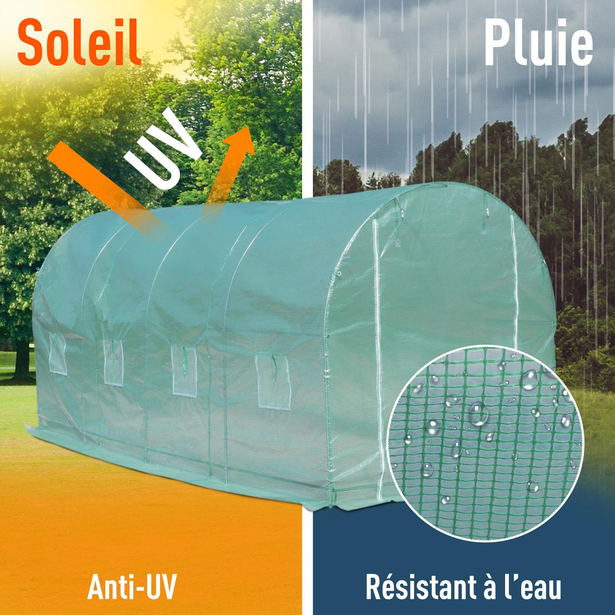Voir la diapositive 6 : OUTSUNNY Serre de jardin tunnel surface sol 10 m² 5l x 2l x 2,10h m châssis tubulaire renforcé porte zippée 8 fenêtres enroulables vert