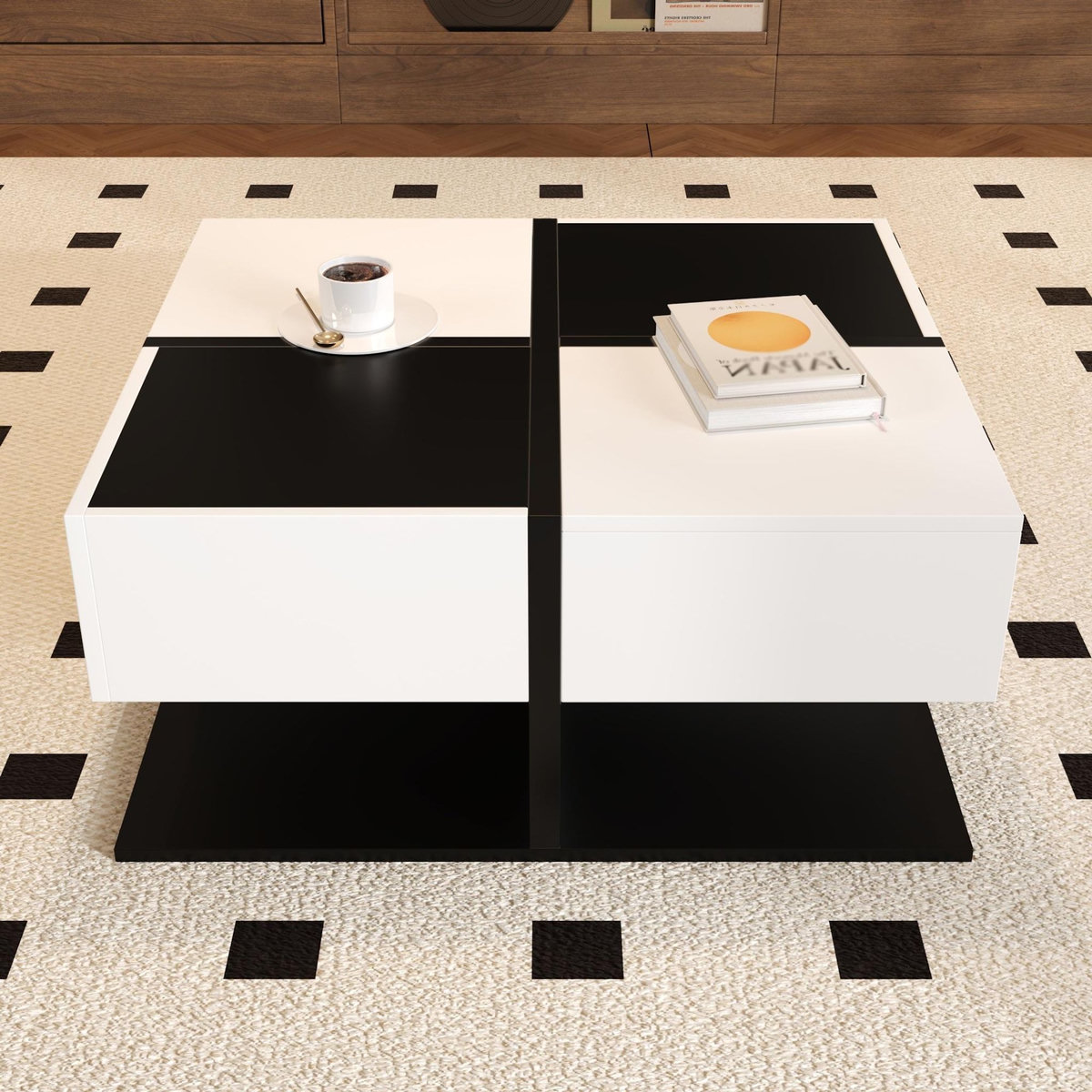 MERAX Table basse carrée noir+blanc avec 2 tiroirs - 70x70 cm panneau de particules