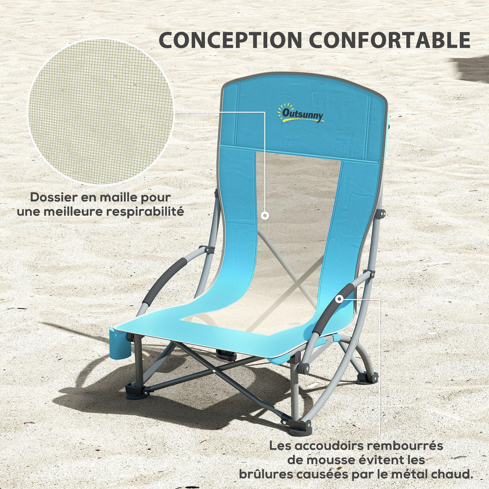 Voir la diapositive 5 : OUTSUNNY Lot de 2 chaises de plage pliantes - chaise de camping compacte légère poids net 2,7 Kg - métal polyester textilène bleu