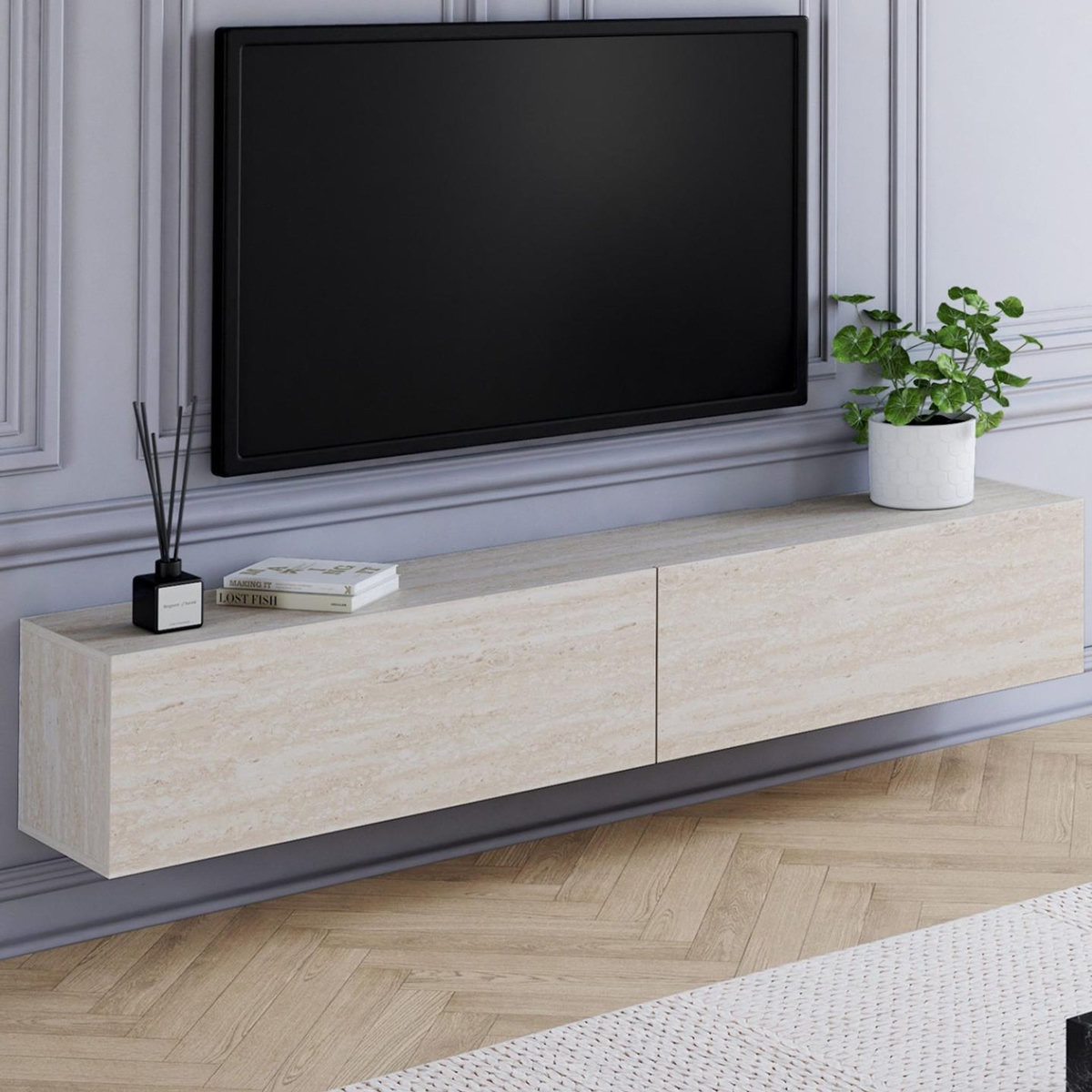 ID MARKET Meuble TV 180 cm suspendu ELIO 2 portes bois effet travertin