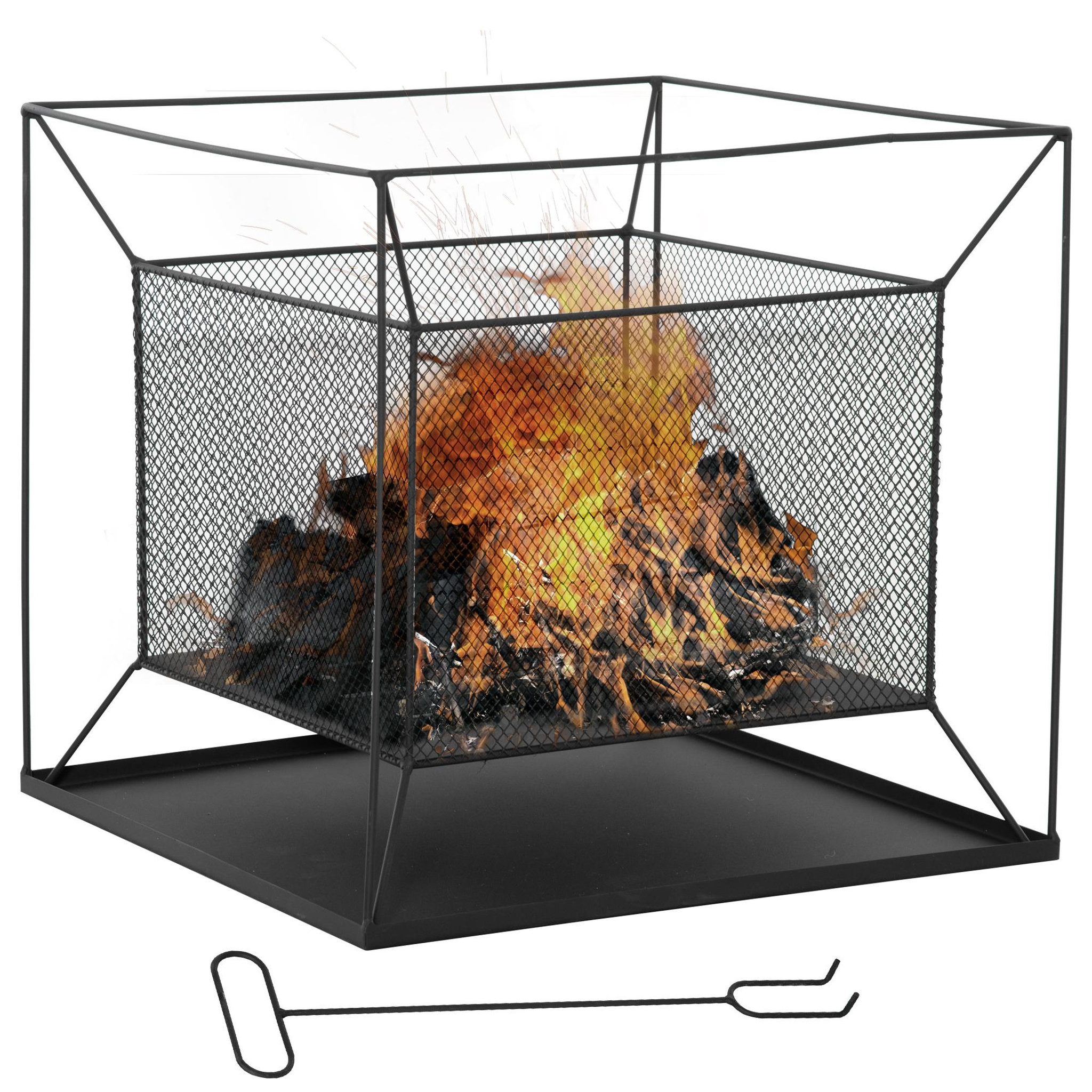 Voir la diapositive 1 : OUTSUNNY Brasero cheminée foyer extérieur carré avec tisonnier dim. 45L x 45l x 43H cm métal noir
