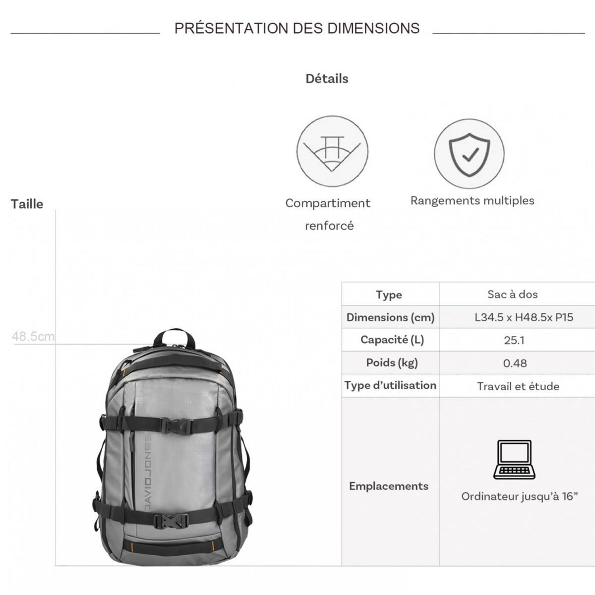 David Jones Sac à dos porte ordinateur 16''