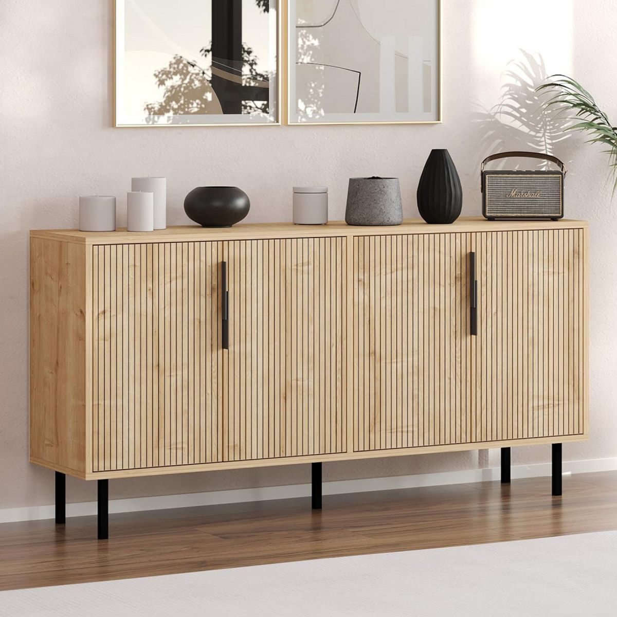 CONCEPT USINE Buffet cannelé 4 portes aspect bois 150x75cm CIARO