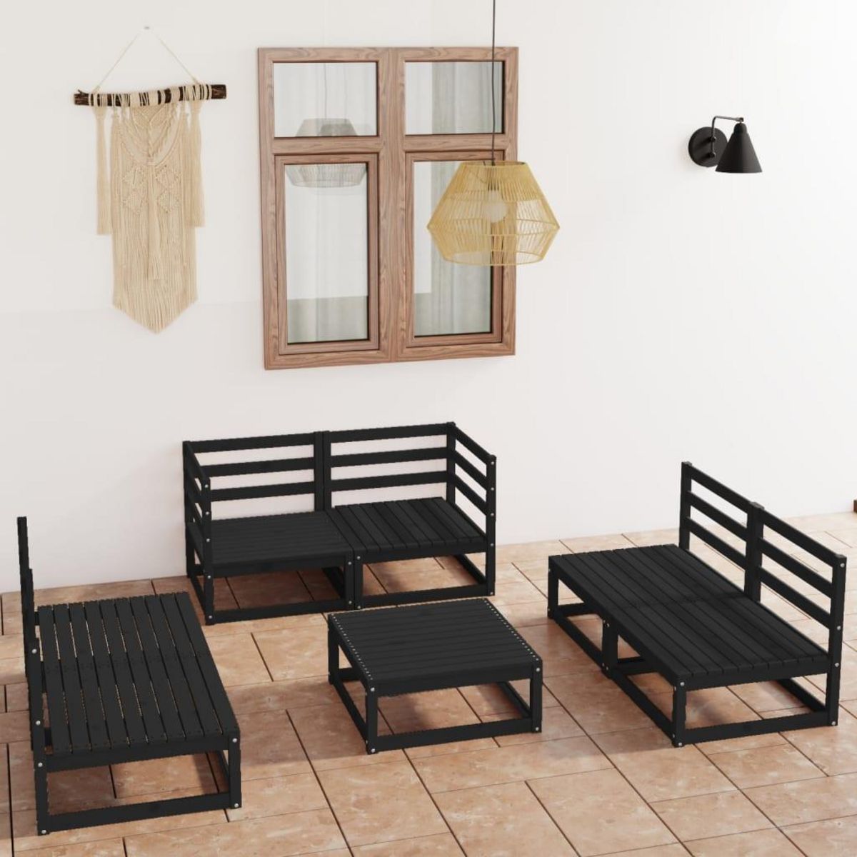 VIDAXL Salon de jardin 7 pcs noir bois de pin massif