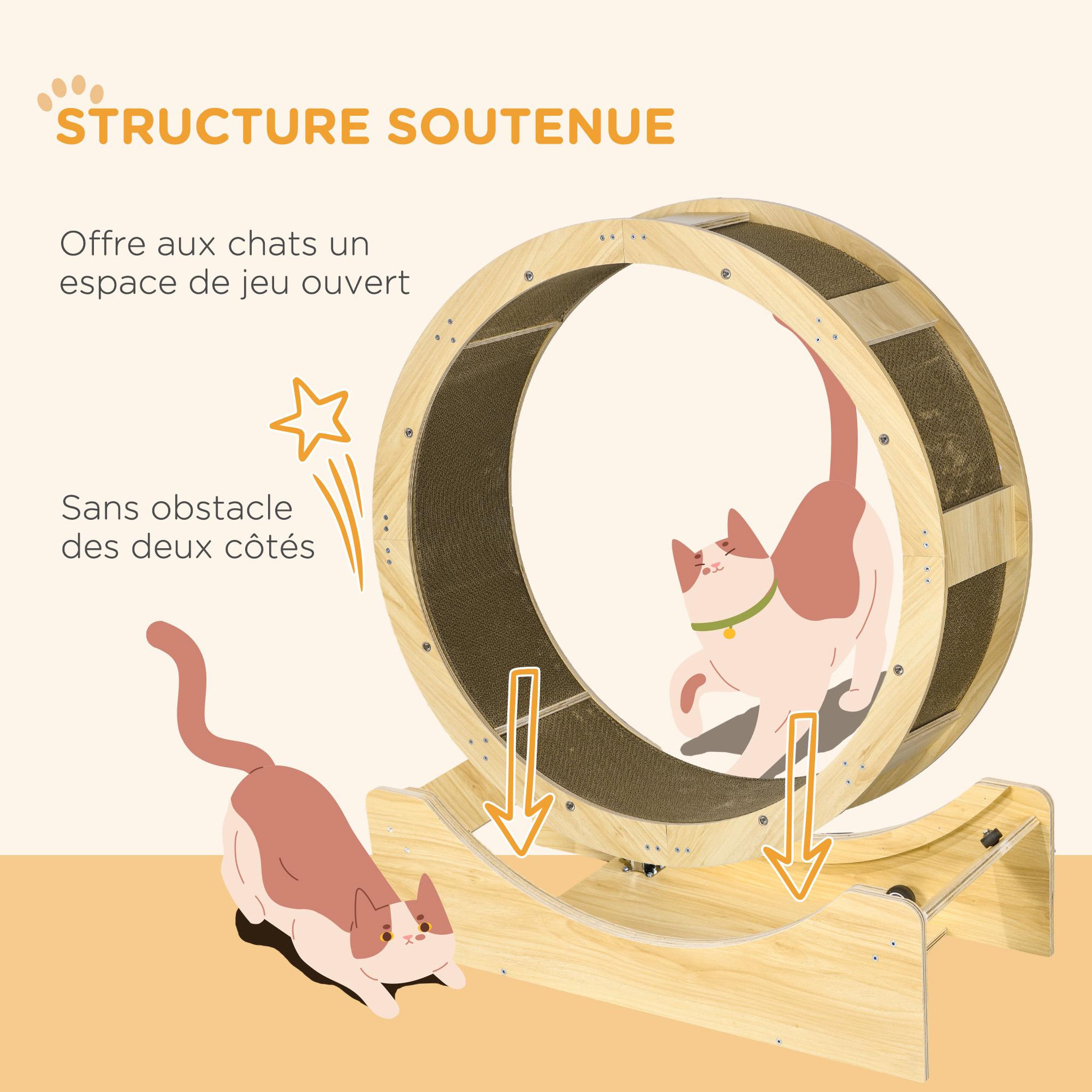 Voir la diapositive 6 : PAWHUT Roue d'exercice pour chat - frein, grattoirs - dim. 91l x 33,5p x 94h cm - aspect bois naturel
