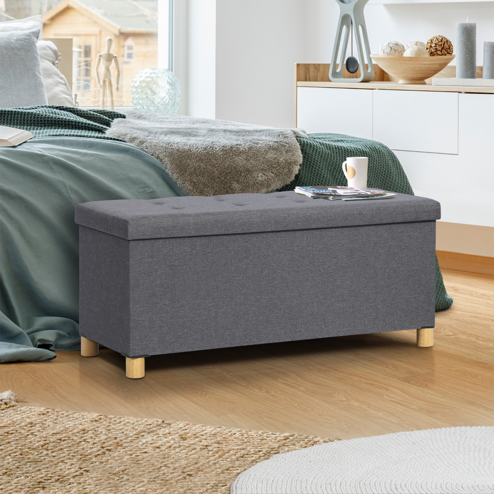 Voir la diapositive 2 : ID MARKET Banc coffre rangement sur pied 100 cm tissu gris anthracite