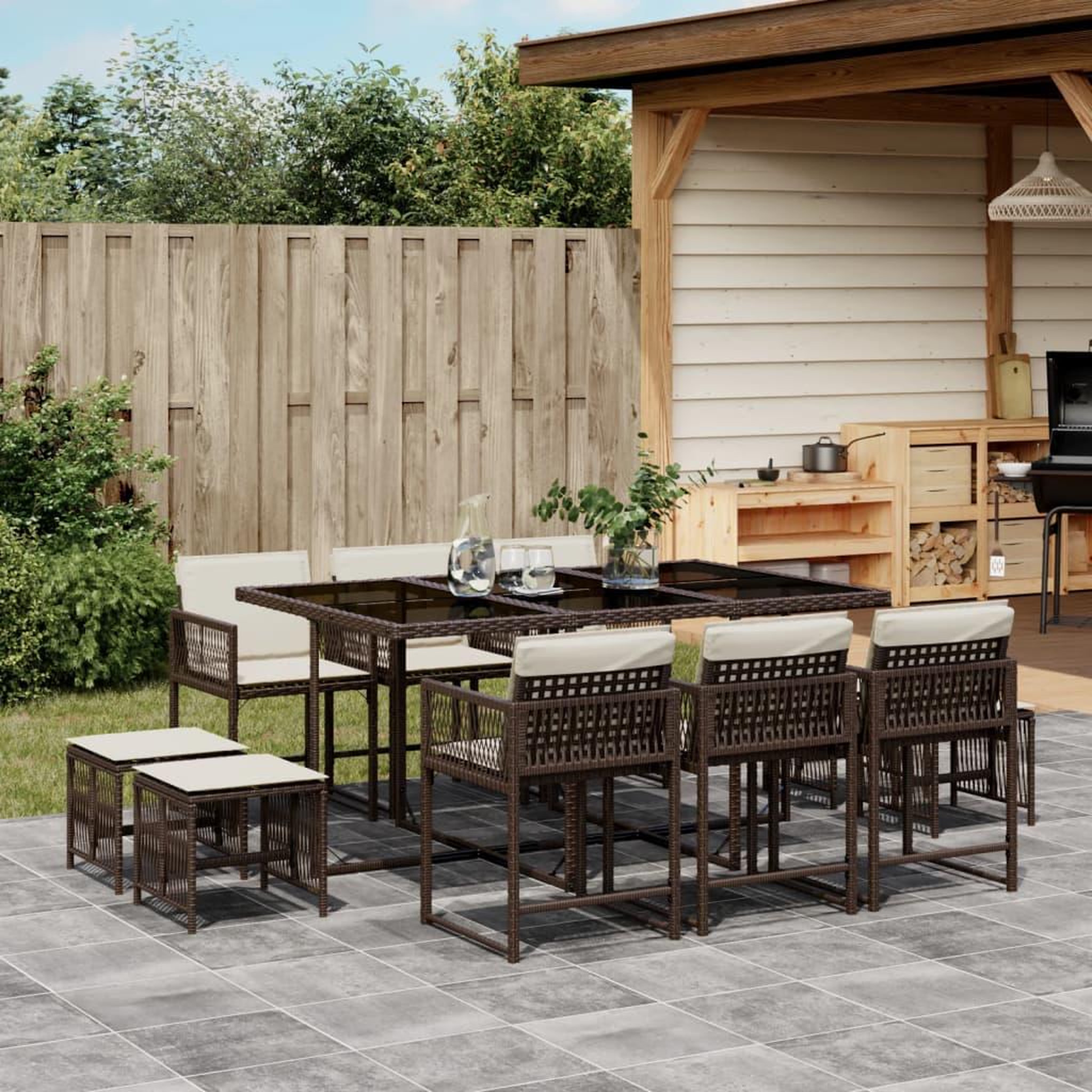 VIDAXL Ensemble a manger de jardin et coussins 11 pcs marron rotin