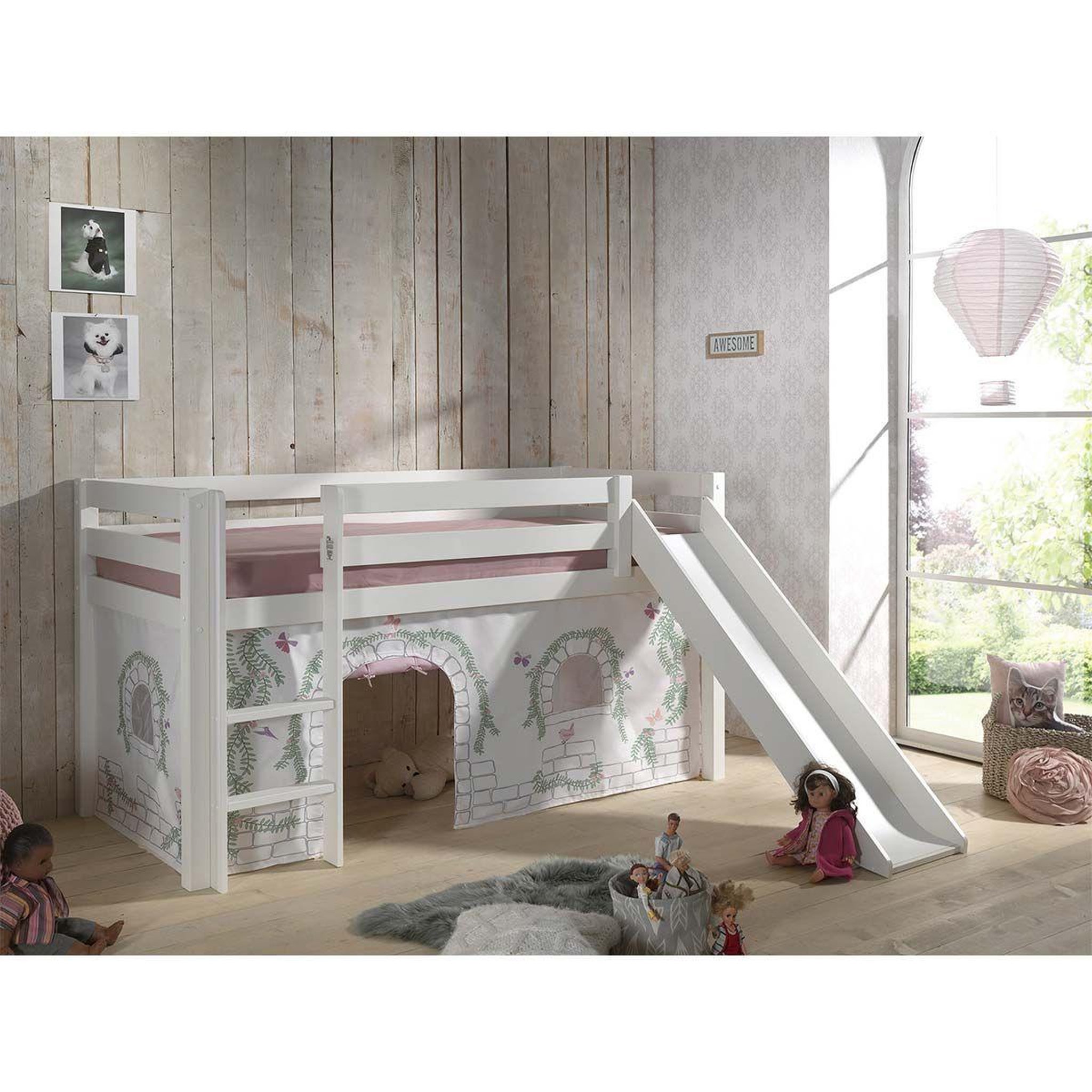 Voir la diapositive 4 : Paris Prix Pack - lit enfant toboggan & tente  pino birdy  90x200cm blanc