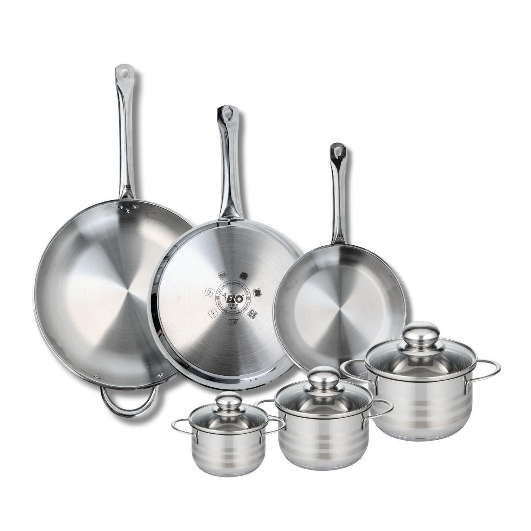 ELO Ensemble de 3 poêles de cuisson 24, 28 et 32 cm et 3 faitouts 12, 14 et 16 cm elo profi brillant