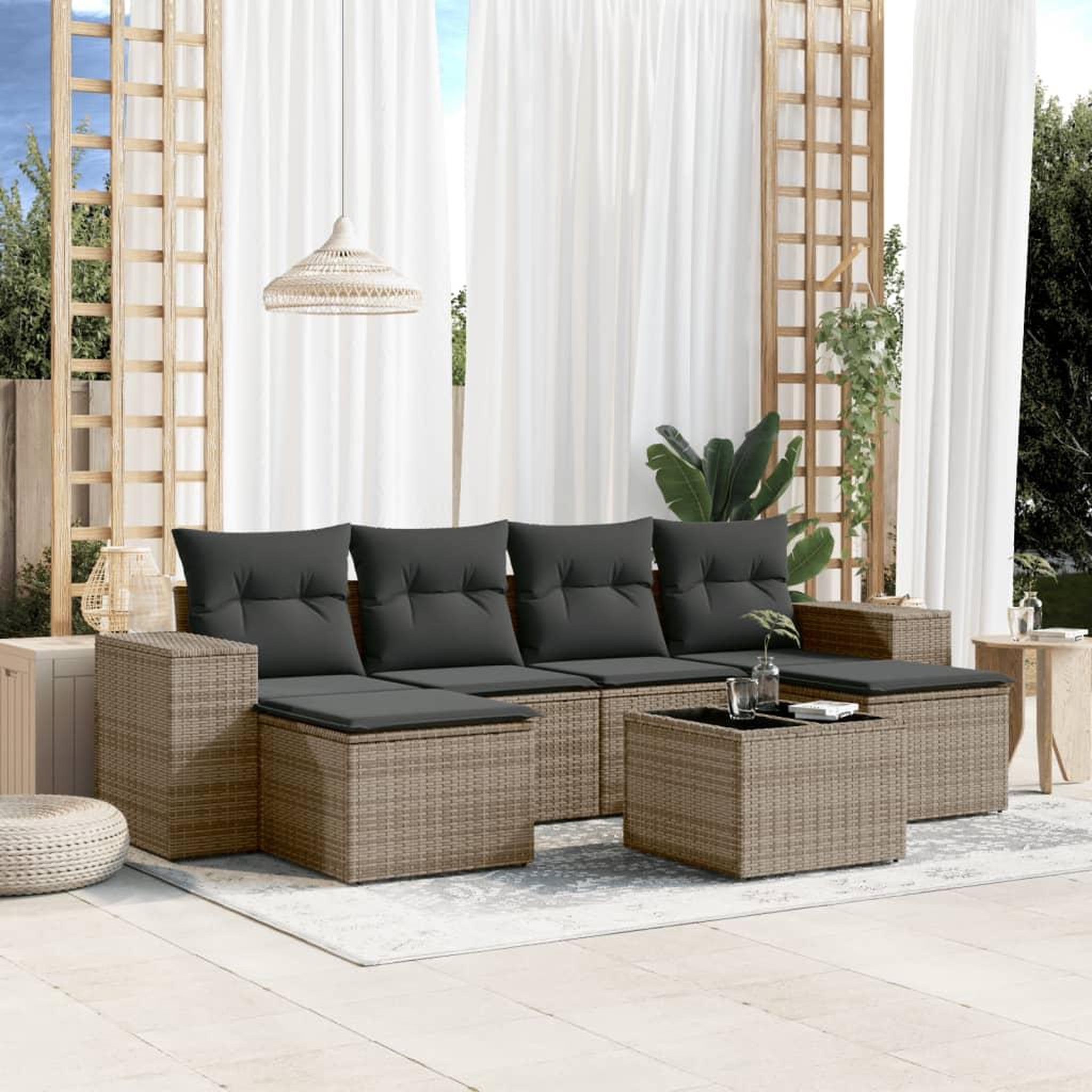 VIDAXL Salon de jardin avec coussins 7 pcs gris resine tressee