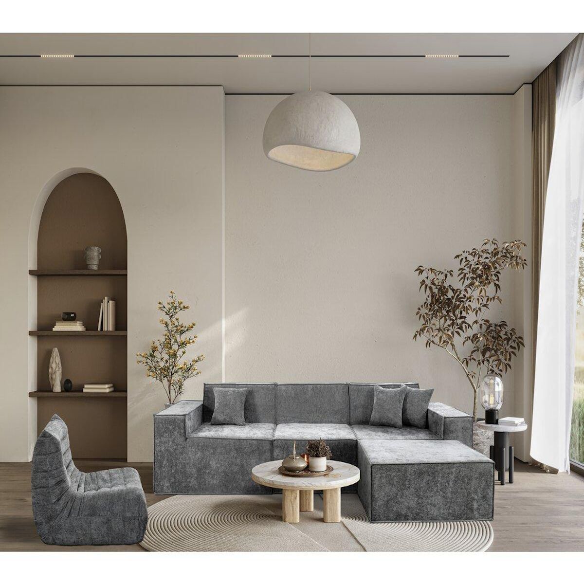 Habitat et Jardin Canapé droit modulable avec ottoman en tissu texturé  Lusso  - 4 places - Gris