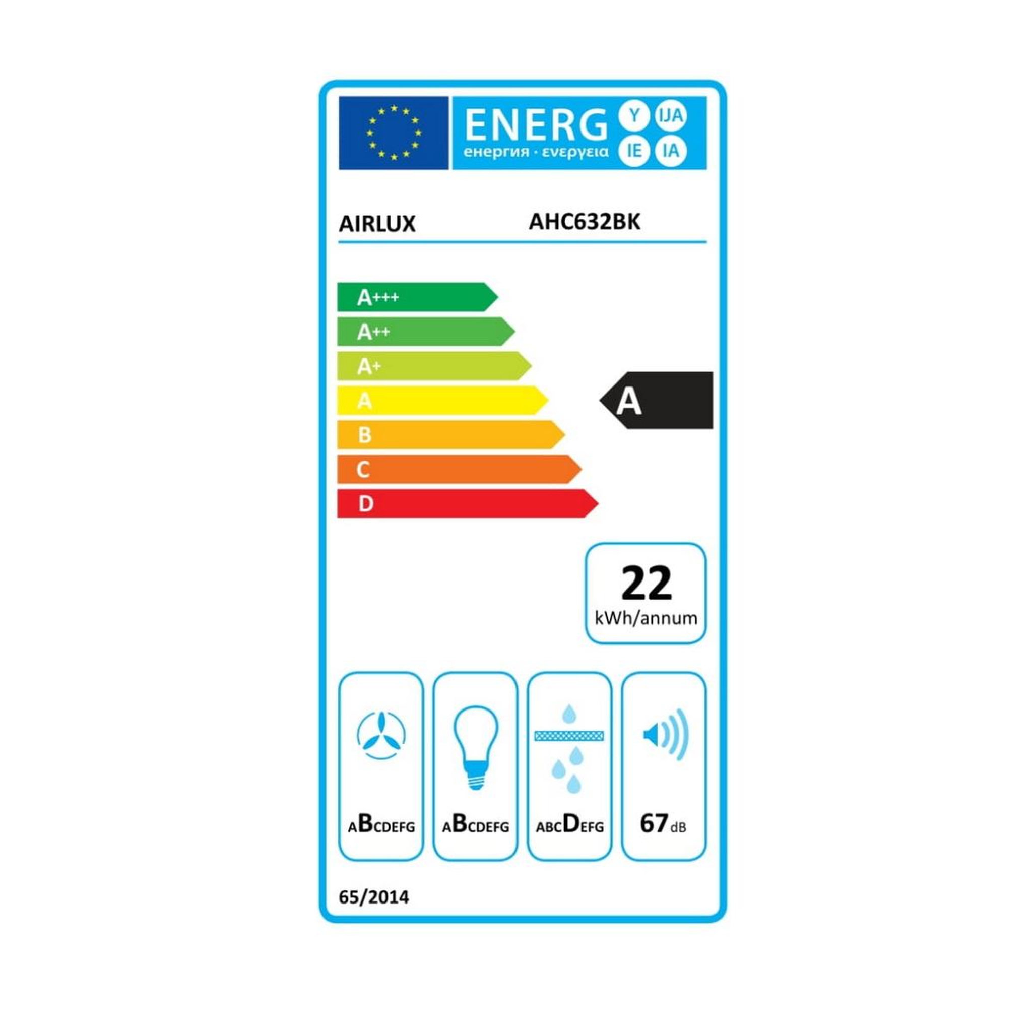 Voir la diapositive 2 : Airlux Hotte visière 60cm 322m3/h noir - ahc632bk