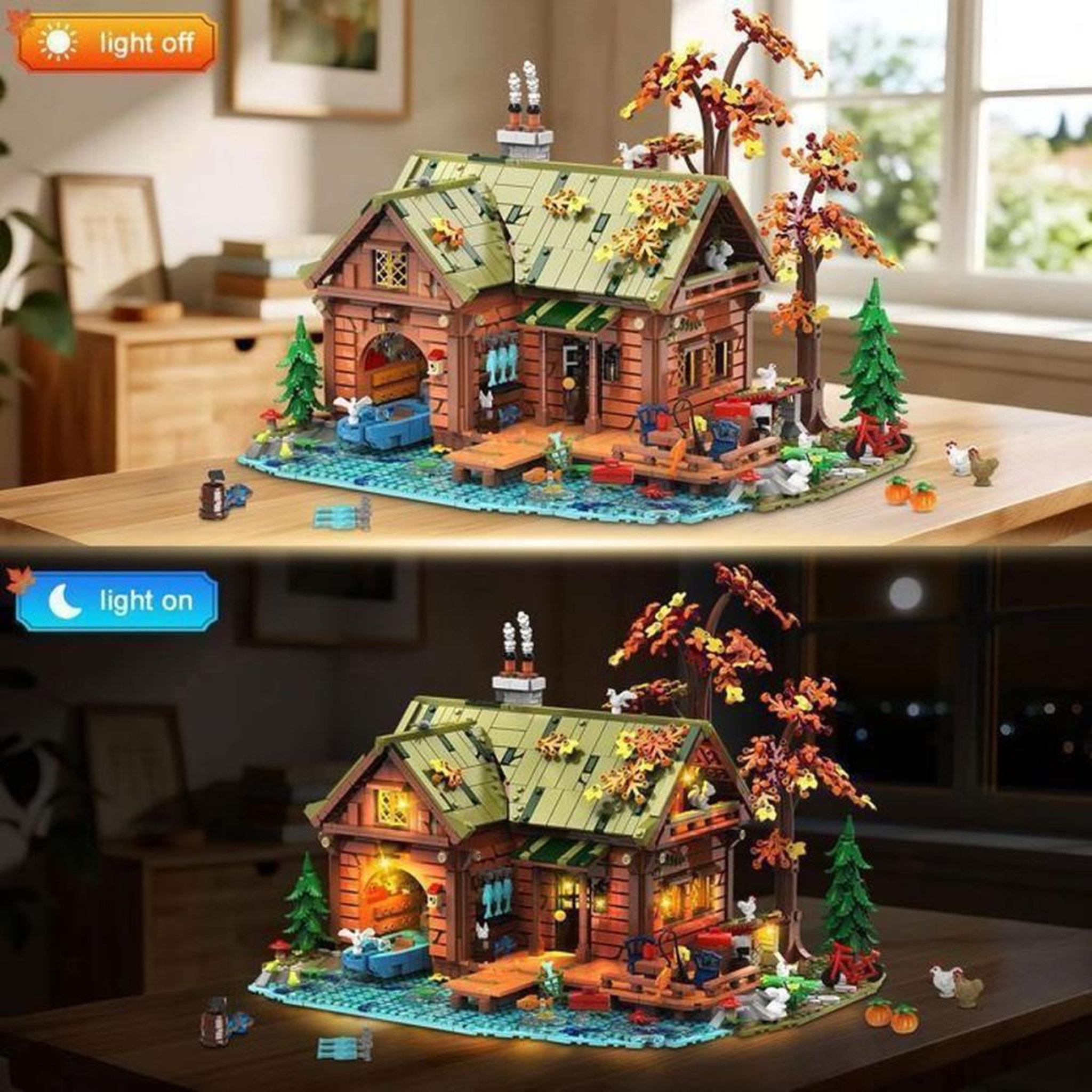 Voir la diapositive 2 : Kit modèle cabane de forêt avec LED, chalet miniature 2 423 pièces, briques emboîtables
