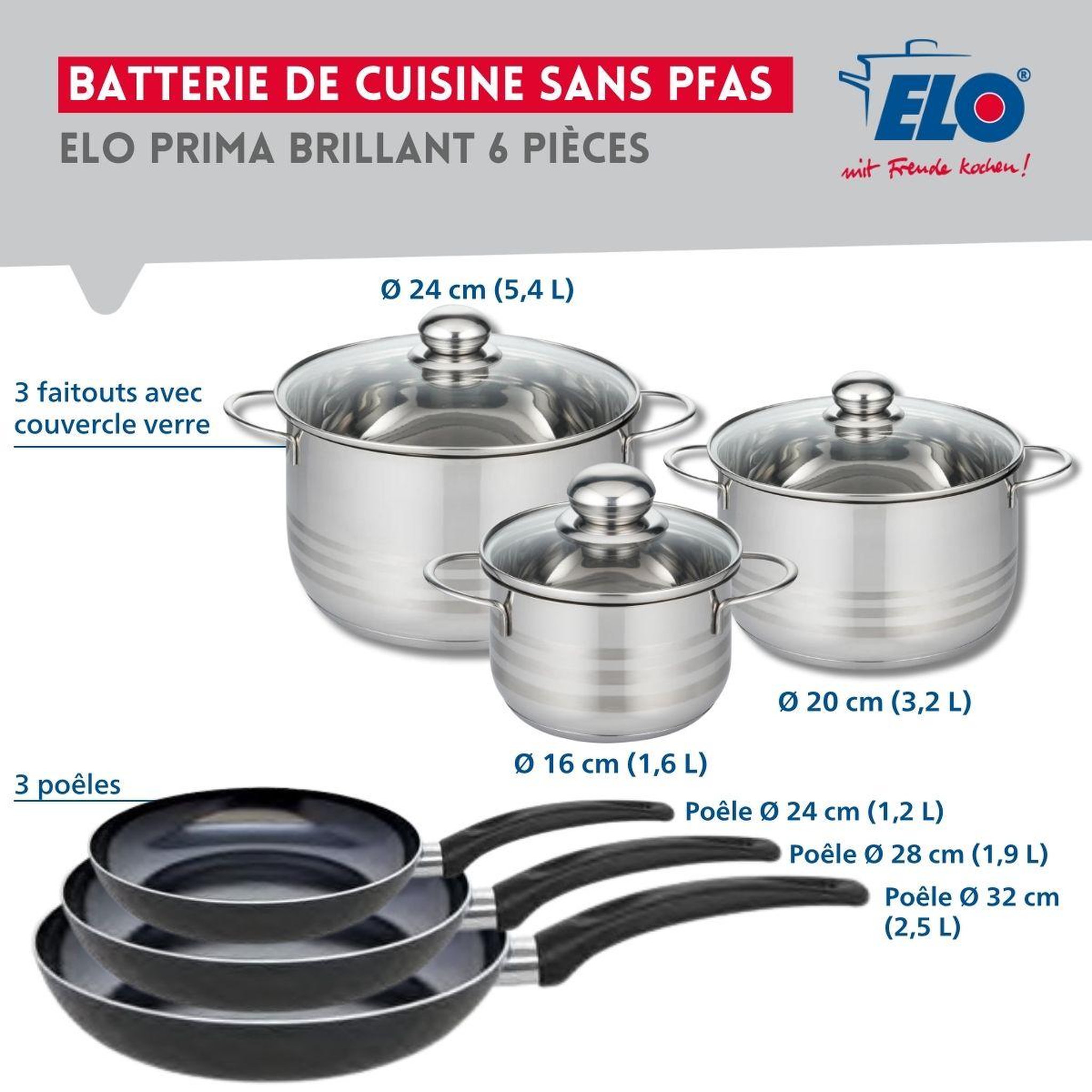 Voir la diapositive 2 : ELO Ensemble de 3 poêles de cuisson 24, 28 et 32 cm et 3 faitouts 16, 20 et 24 cm elo prima brillant