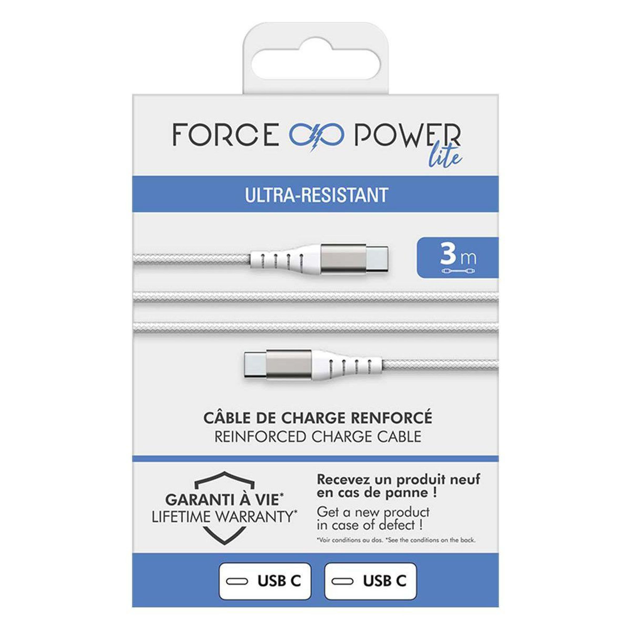 Voir la diapositive 3 : FORCE POWER Câble de charge 60W USB-C / USB-C 3m blanc renforcé