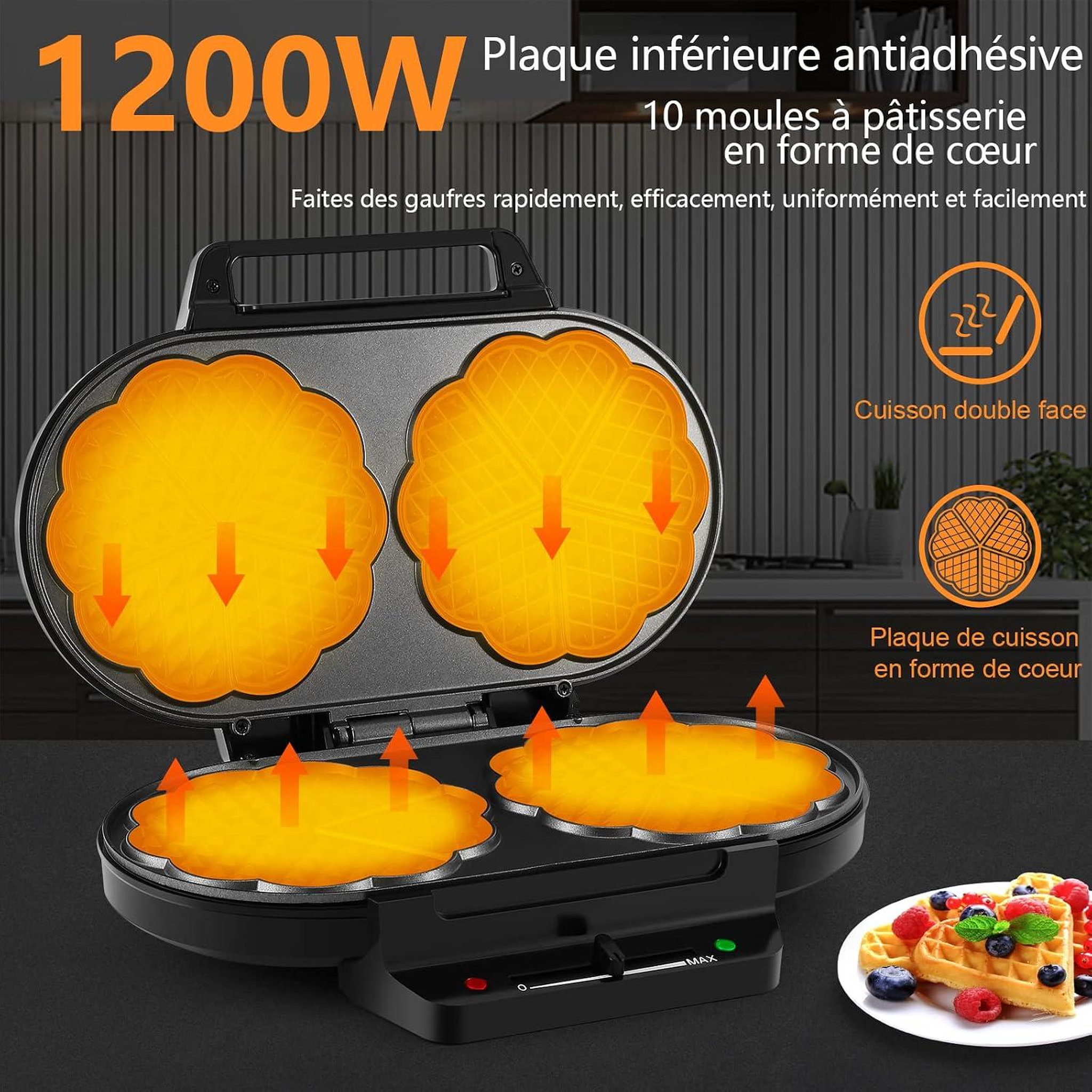 Voir la diapositive 2 : YASHE Gaufrier double, 10 gaufres cœur, 1200 W