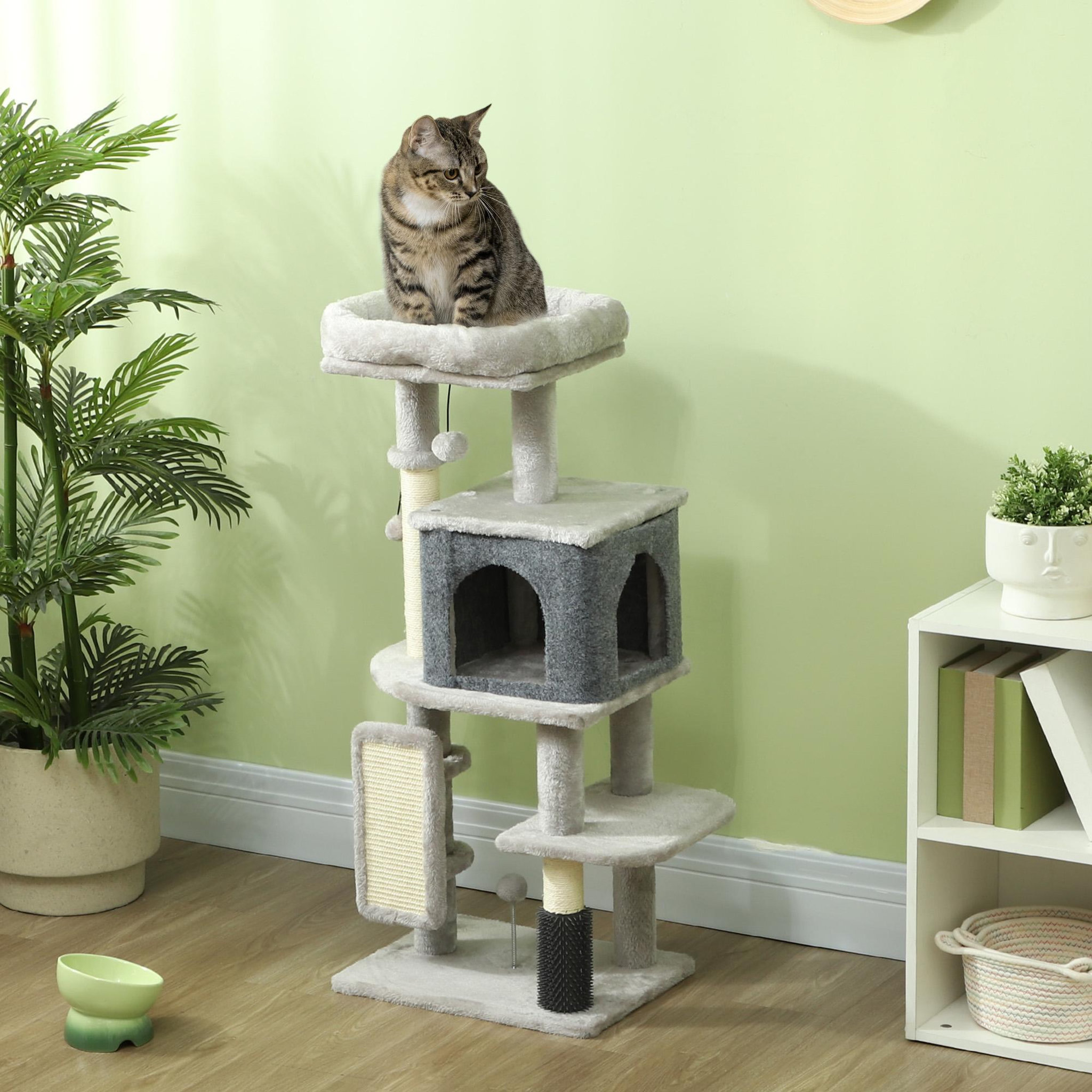 Voir la diapositive 2 : PAWHUT Arbre à chat h.104 cm - griffoir, grattoir, bande massante, jeux boules, niche, plateforme observation - gris