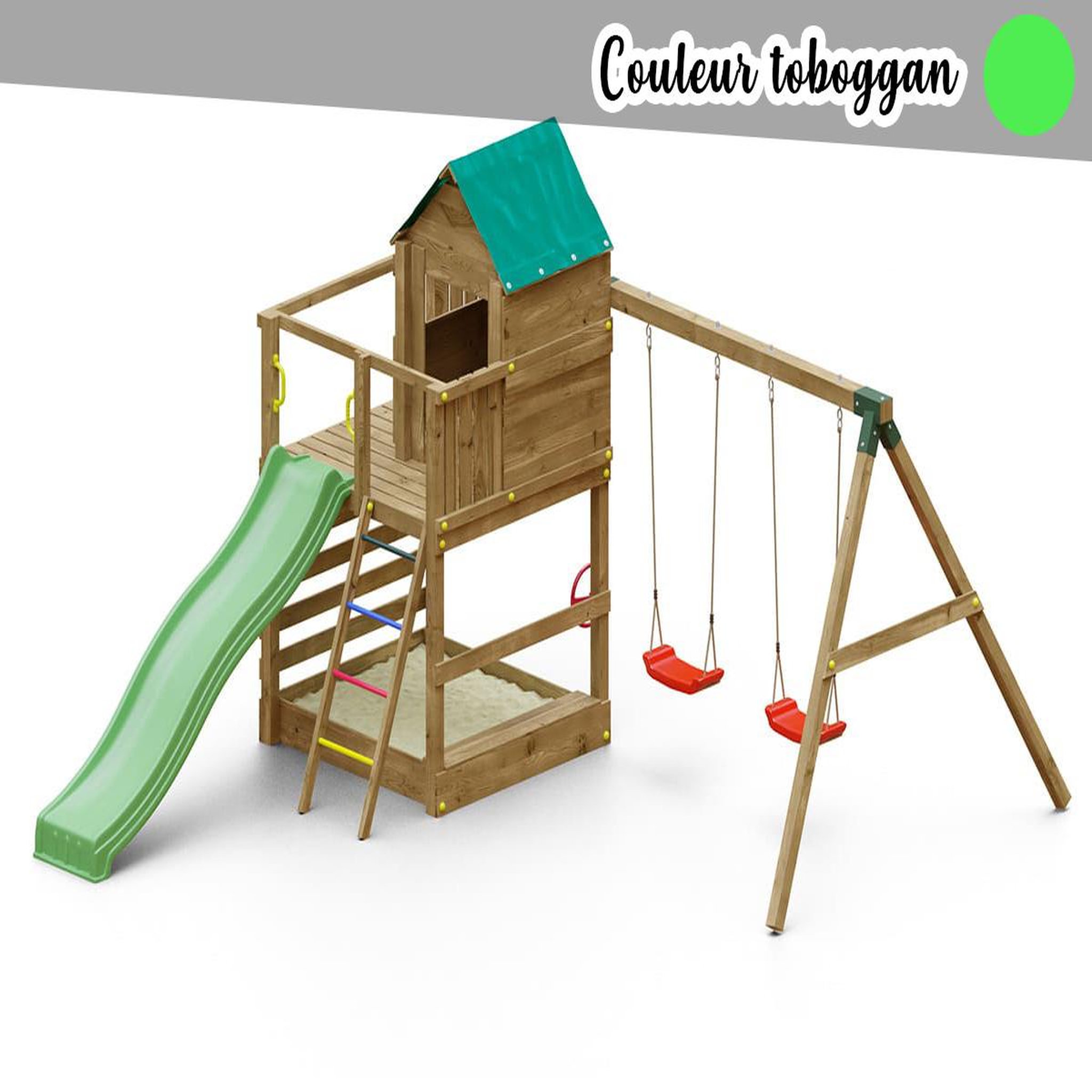 Fungoo Aire de jeux jarcas avec balançoire double - toboggan vert - fungoo