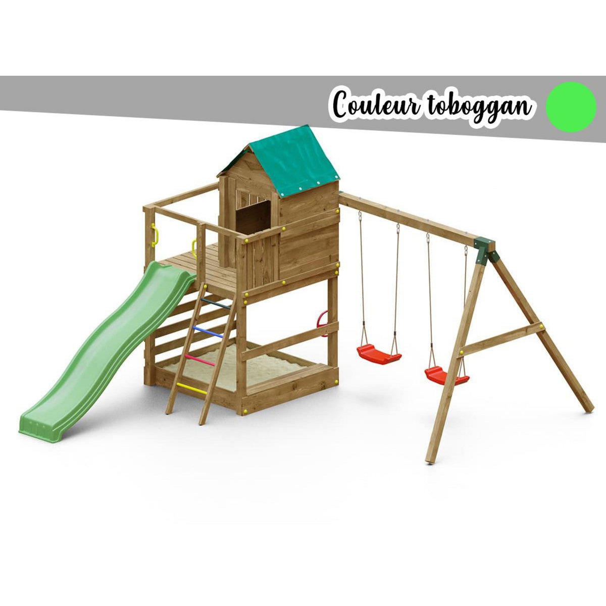 Fungoo Aire de jeux Jarcas avec balançoire double - Toboggan Vert - Fungoo
