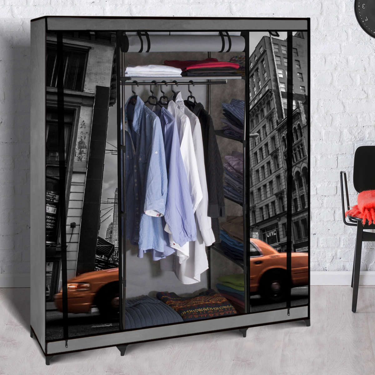 ID MARKET Armoire de rangement penderie pliable vêtements en tissu NEW-YORK dressing XXL