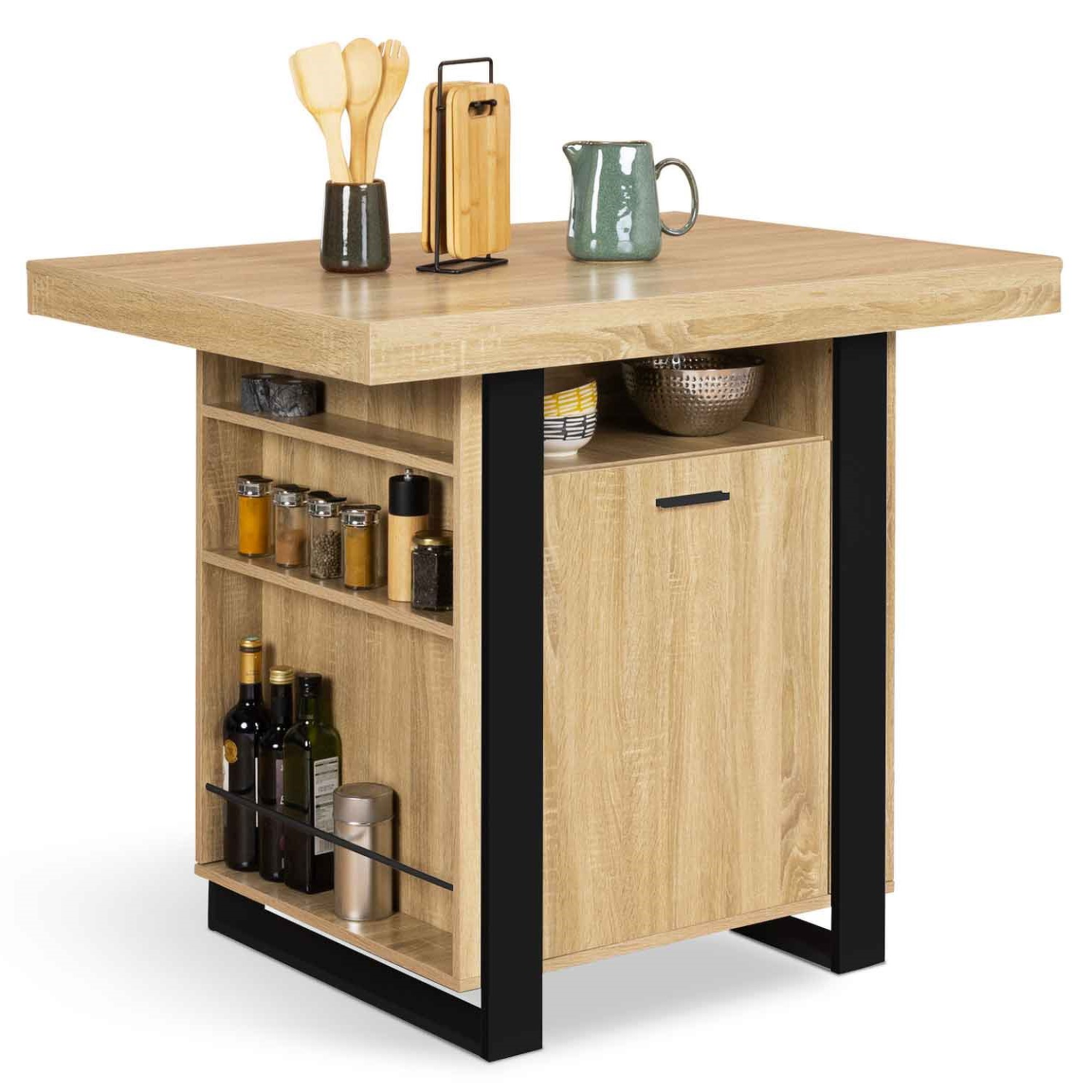 ID MARKET Ilot central phoenix 110 cm bois et noir avec rangements