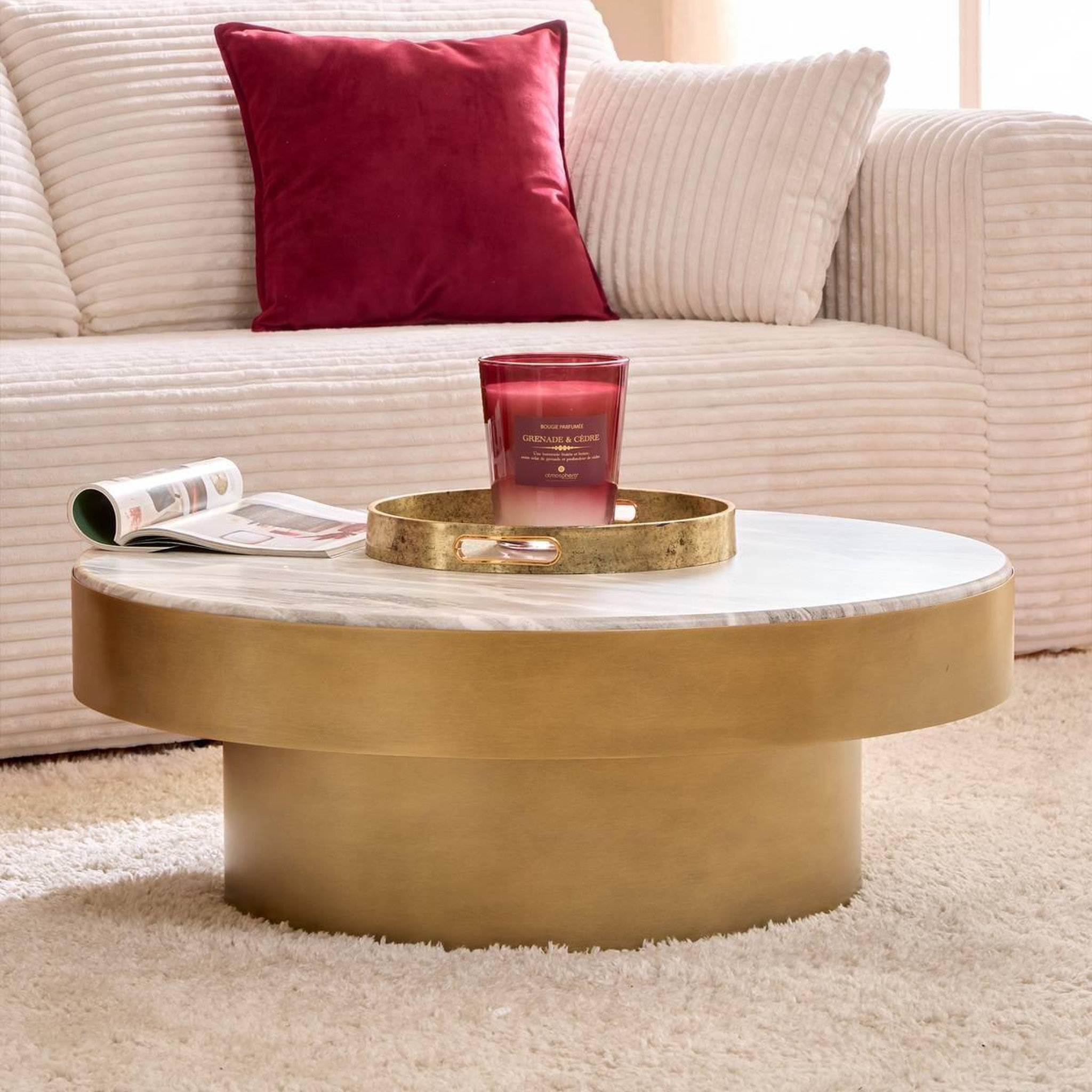 Voir la diapositive 5 : ATMOSPHERA Table basse effet marbre  barrel  80cm doré