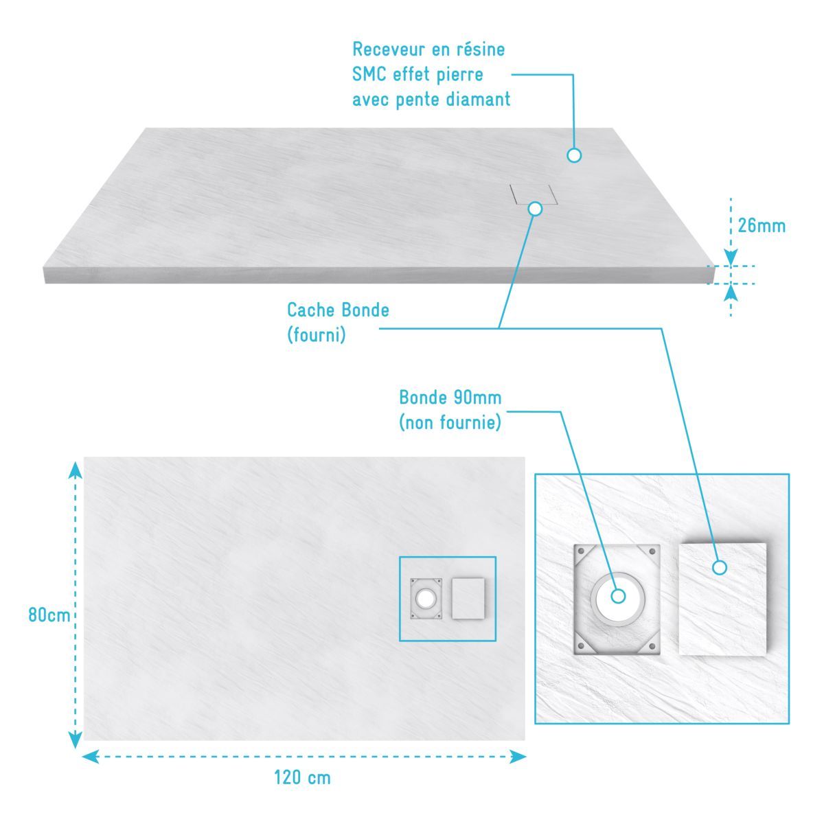Receveur pour douche à l'italienne extra plat aspect ardoise blanc 80x120 cm - STONE 2