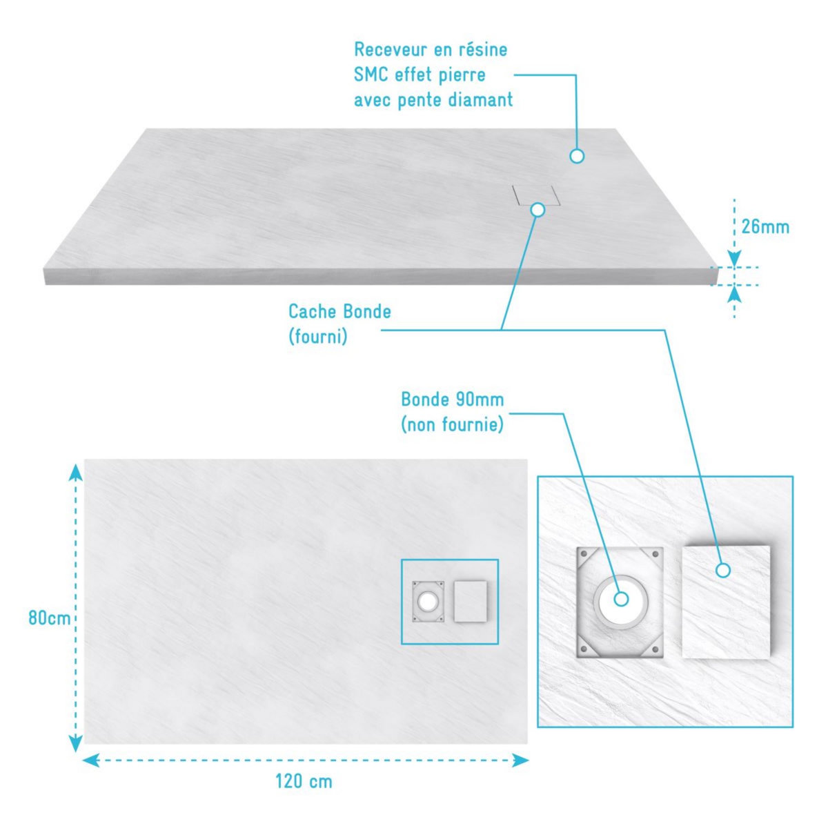 Receveur pour douche à l'italienne extra plat aspect ardoise blanc 80x120 cm - STONE 2