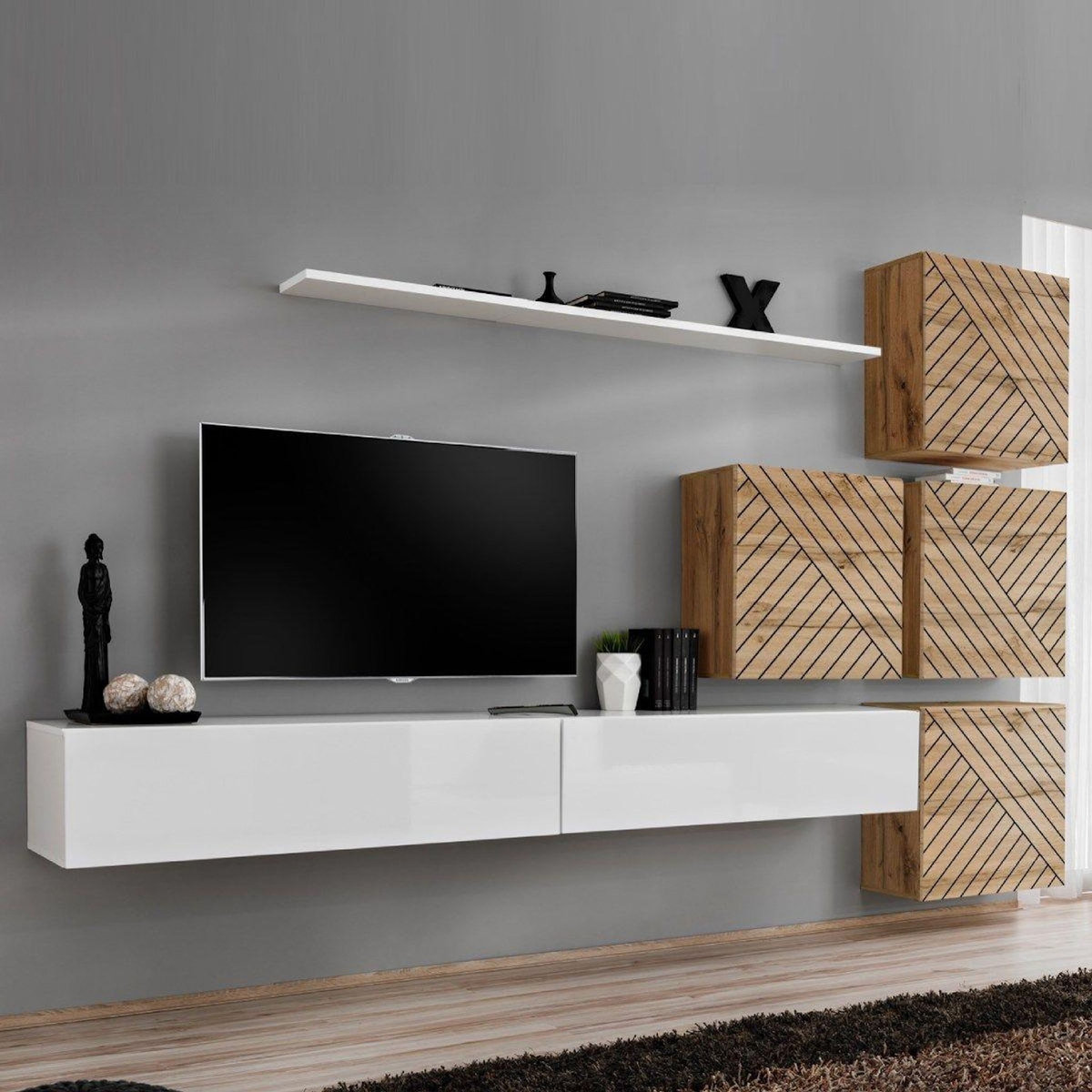 Paris Prix Ensemble Meuble TV  Switch Lamel IX  310cm Blanc & Naturel