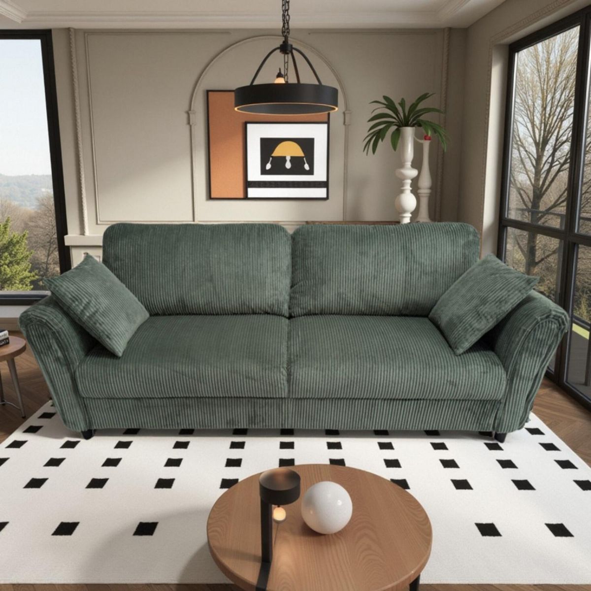 CONCEPT USINE Canapé droit 4 places en velours côtelé vert LUCERNE