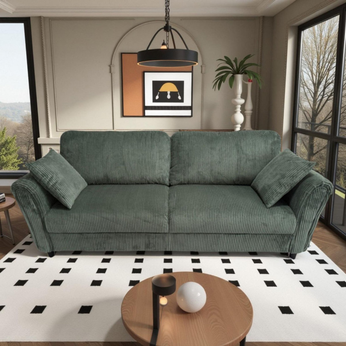 CONCEPT USINE Canapé droit 4 places en velours côtelé vert LUCERNE