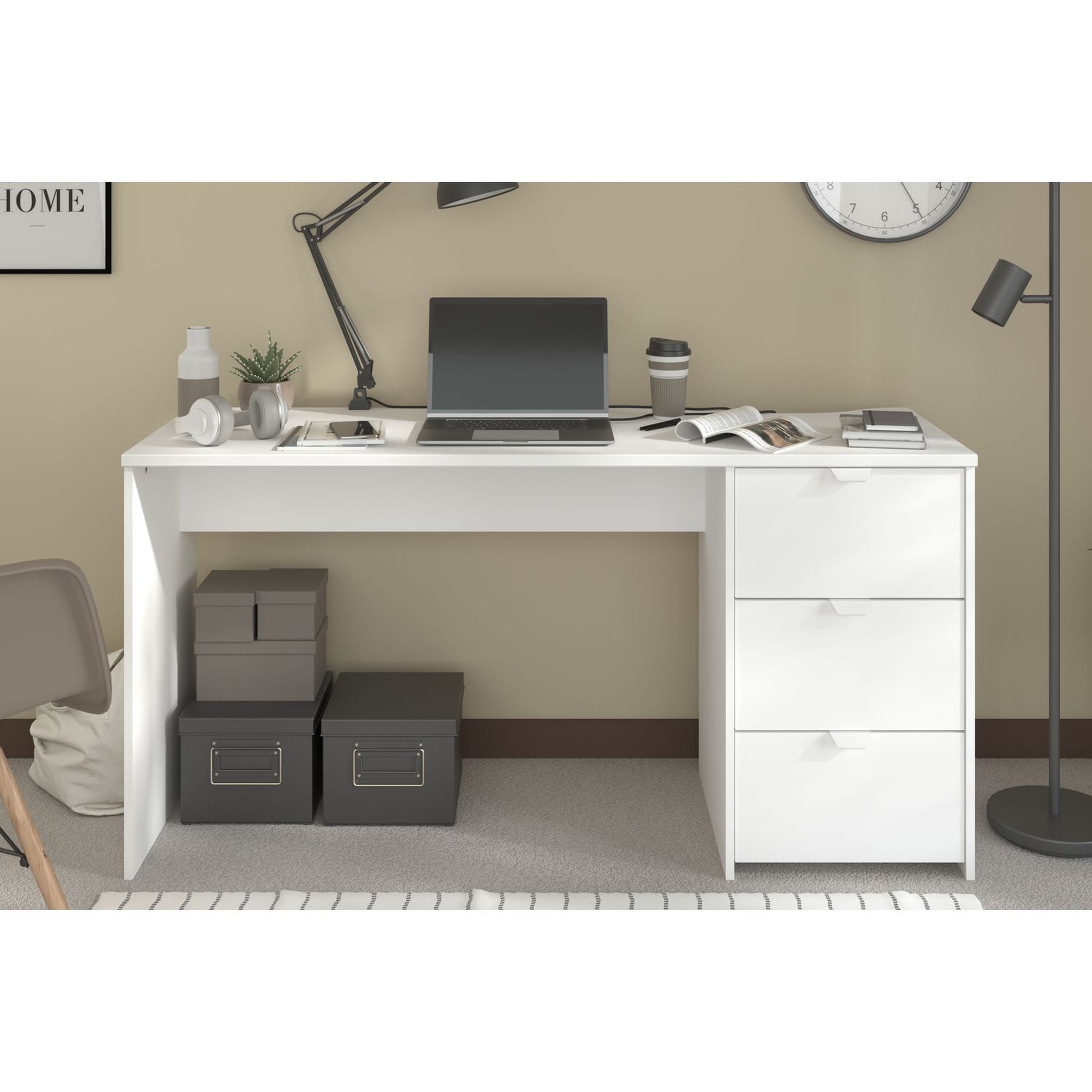 Voir la diapositive 1 : Bureau droit 3 tiroirs L150cm WHITE