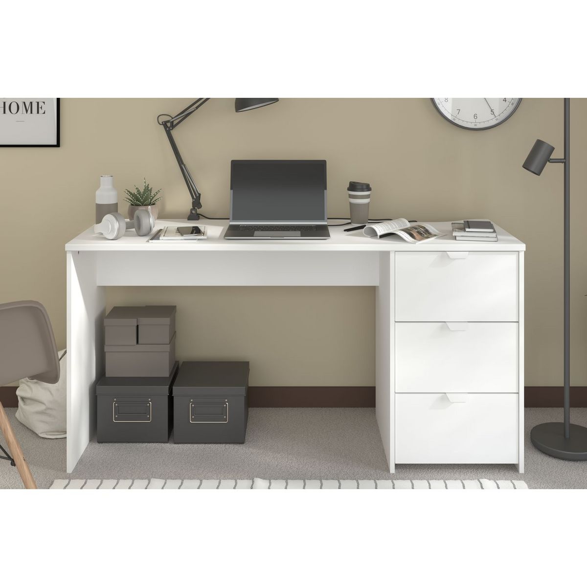 Bureau droit 3 tiroirs L150cm WHITE