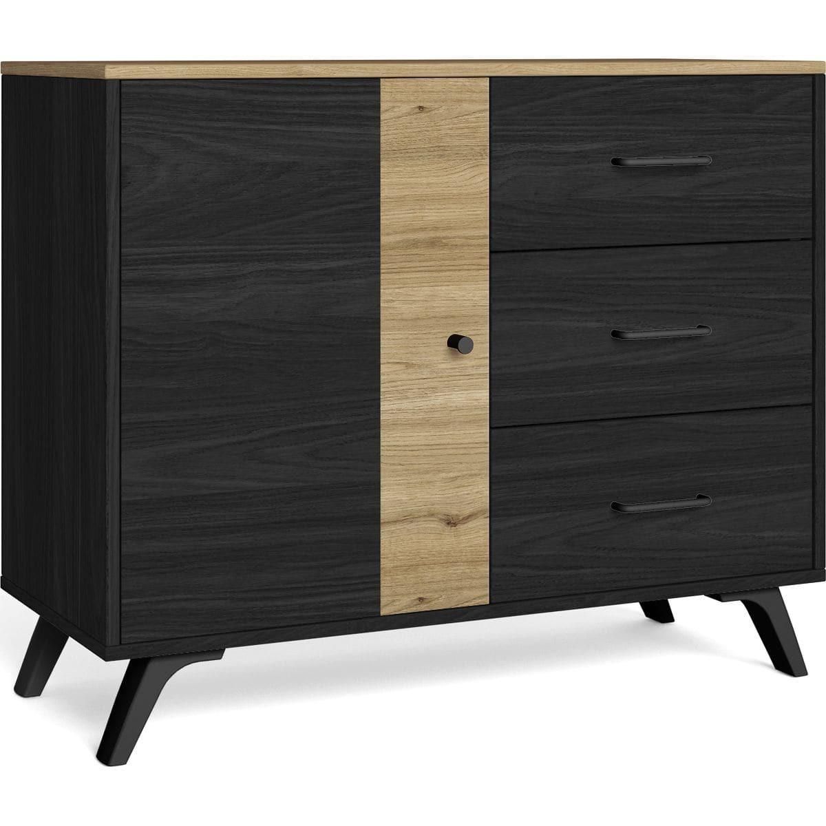 HOMIFAB Buffet 1 porte 3 tiroirs effet bois noir et bois naturel 92 cm - Zack