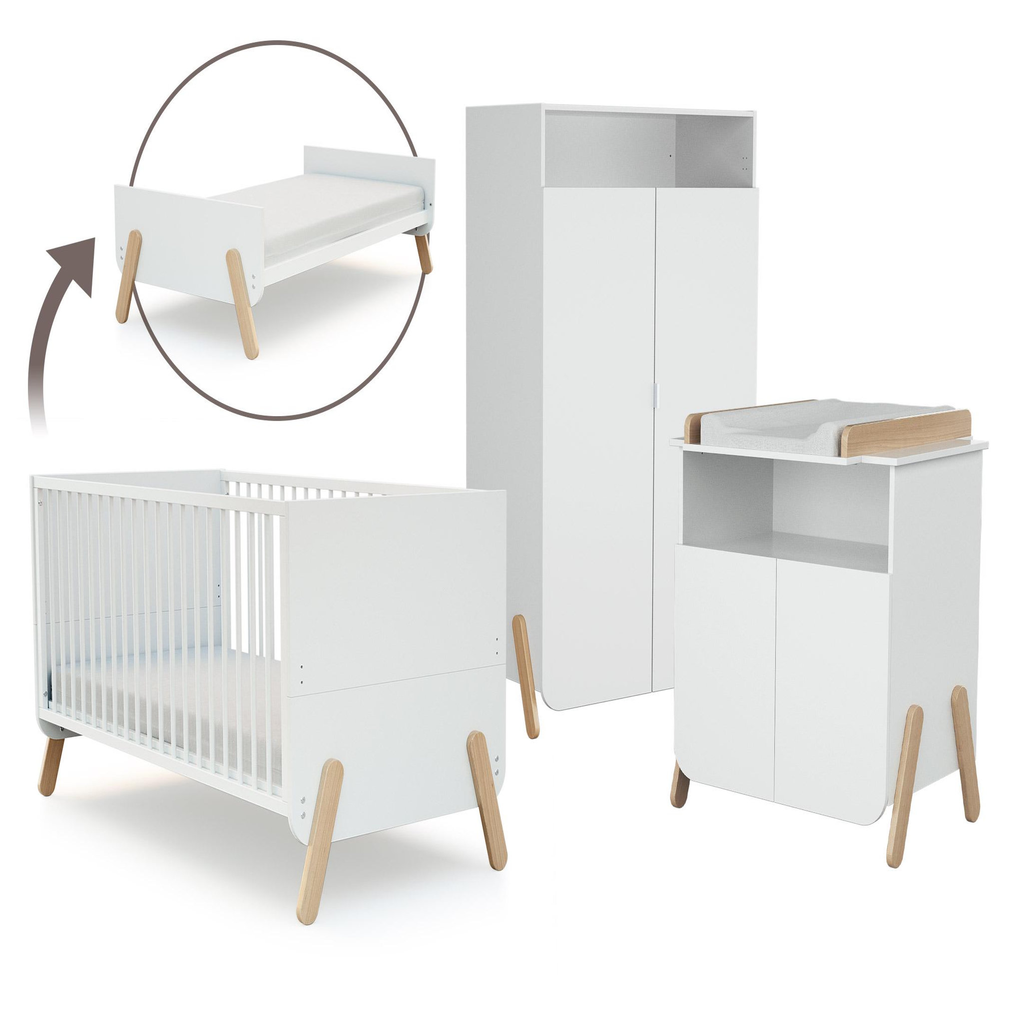 AT4 Chambre bébé lit, commode à langer et armoire Blanc et Hêtre Verni