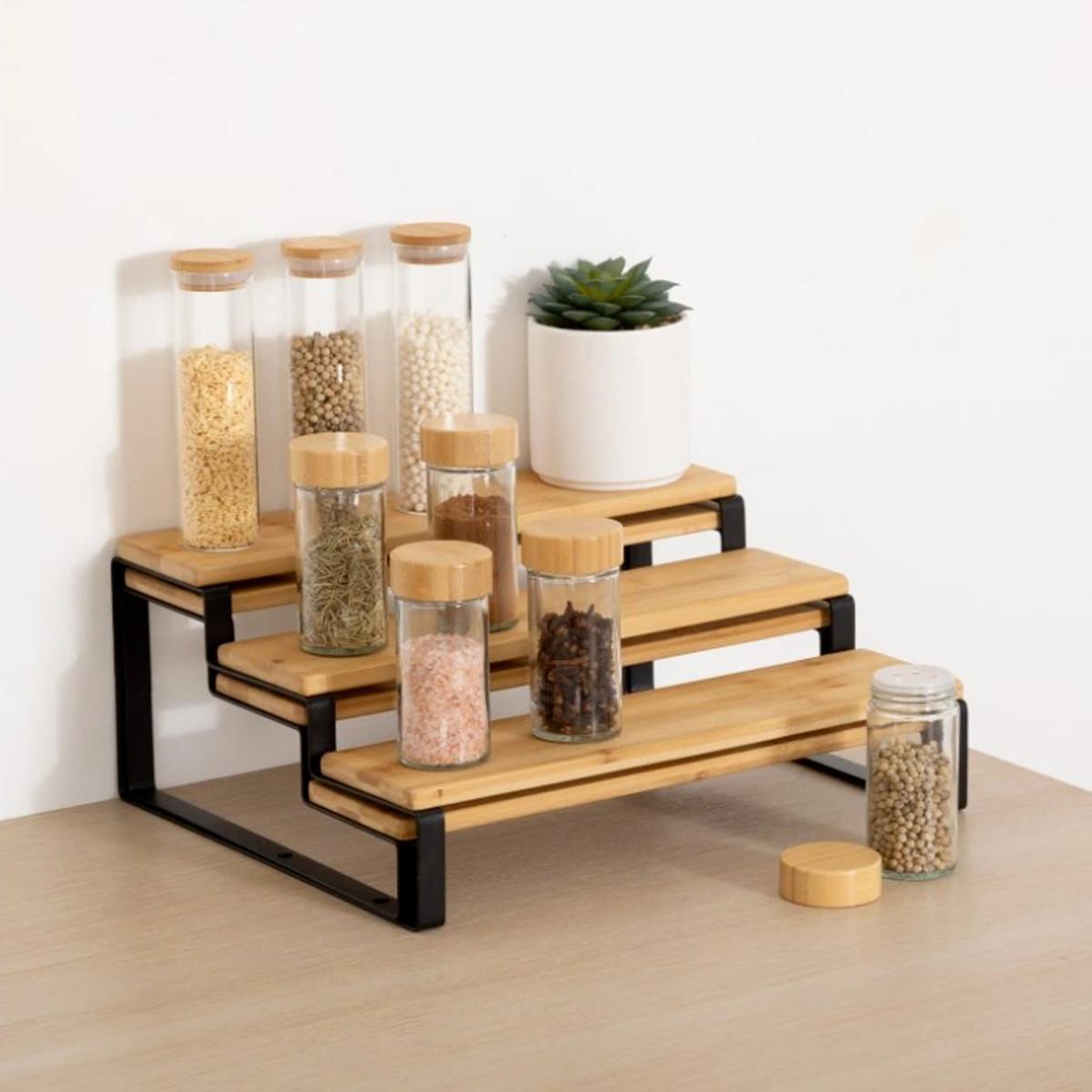 Voir la diapositive 3 : FIVE Lot de 2 étagères à épices en bambou  ordera  32cm naturel & noir