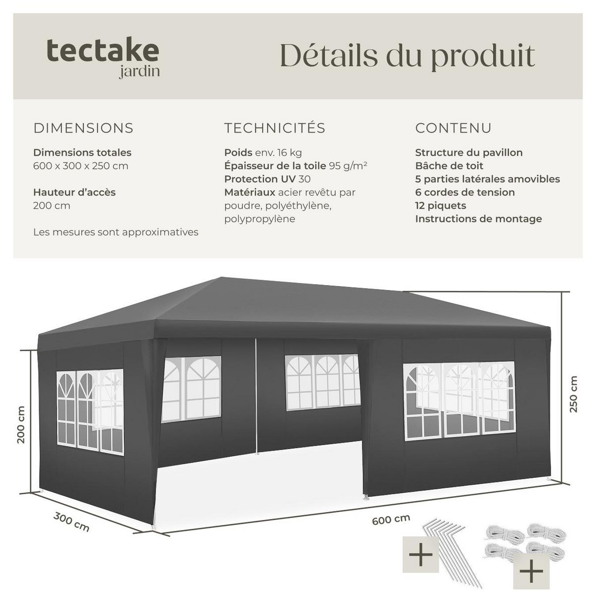 tectake Pavillon 6 x 3 m avec système d'emboîtement gris