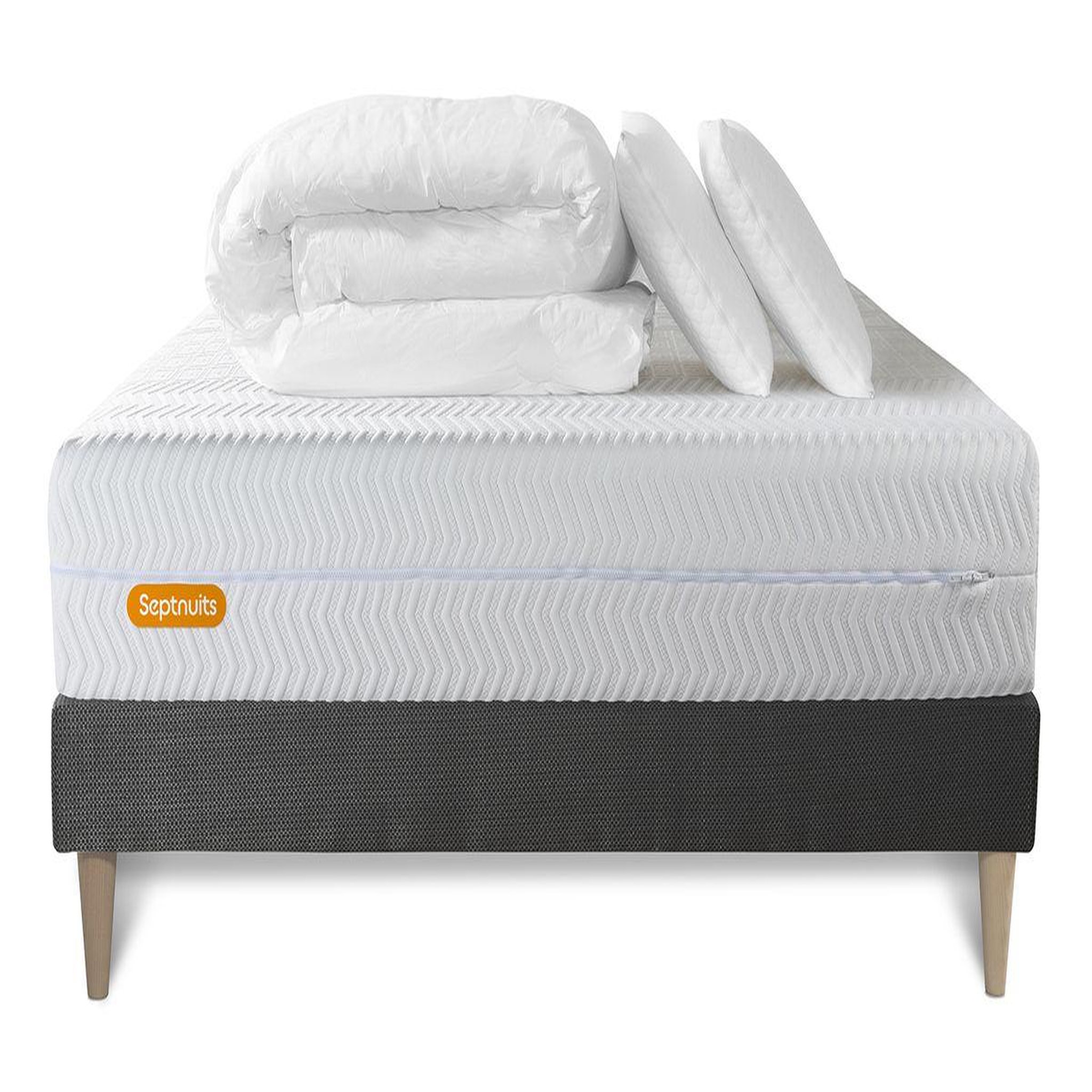 Voir la diapositive 2 : SEPTNUITS PACK Matelas + sommier kit gris Memo Bio Mousse à mémoire de forme Maxi épaisseur + Couette + 2 oreillers